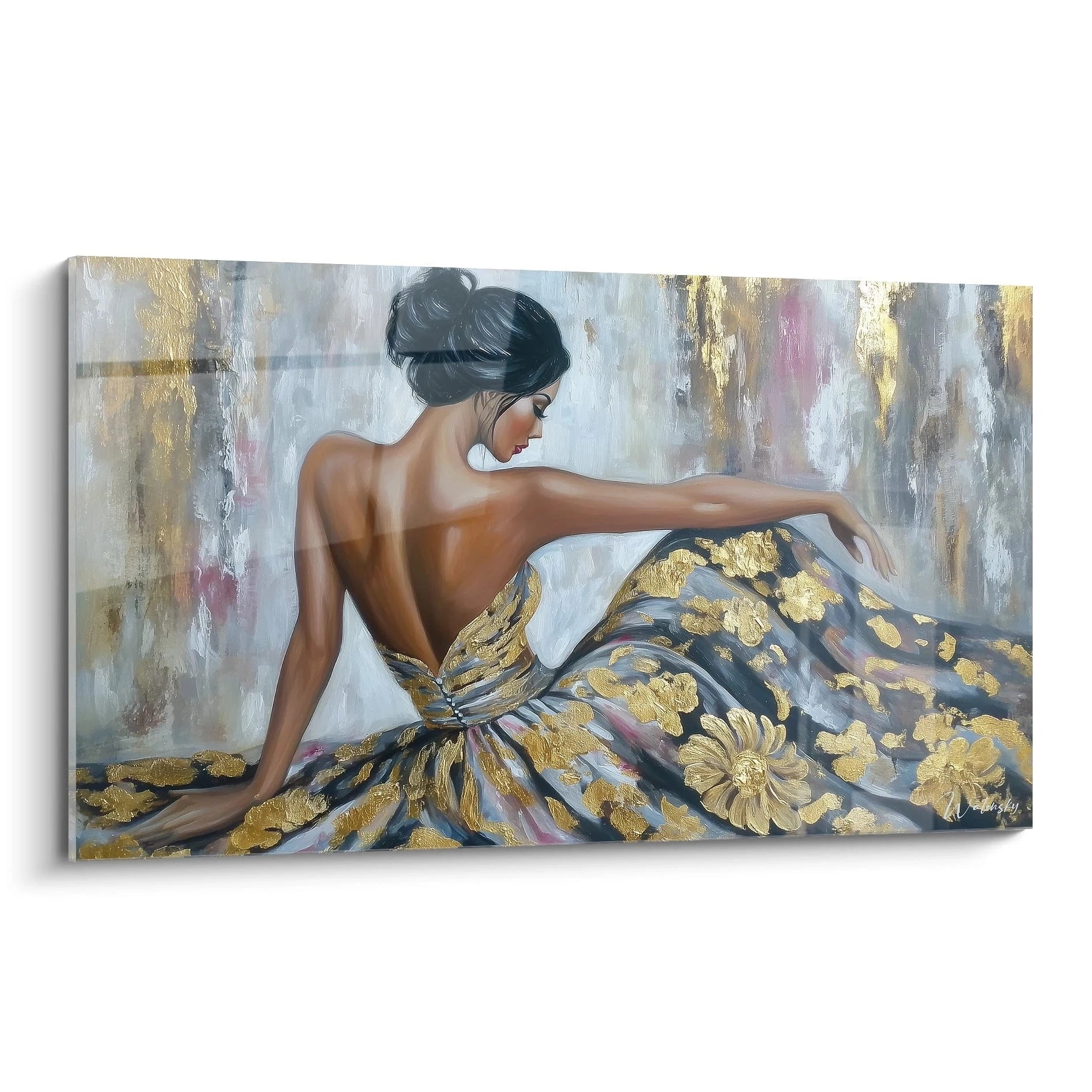 Tableau femme élégante moderne en robe dorée avec un fond artistique coloré pour décoration intérieure
