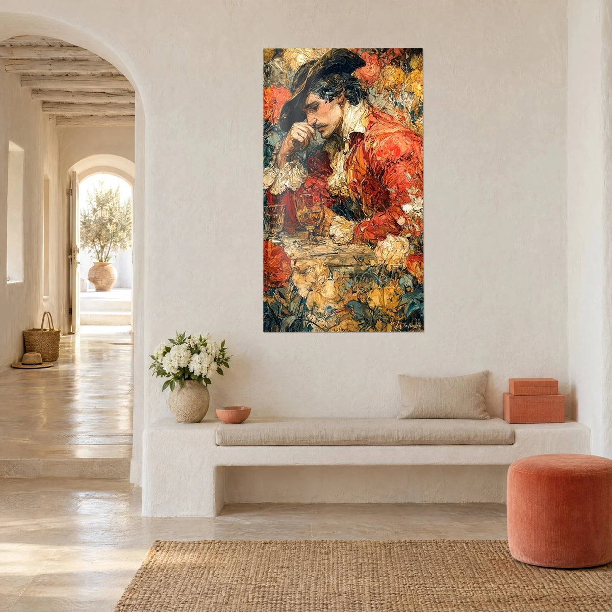 Gemälde Porträt eines schnurrbärtigen Edelmanns, Hand am Gesicht, orange und gelbe Pfingstrosen, an einer weißen Wand eines mediterranen Hauses