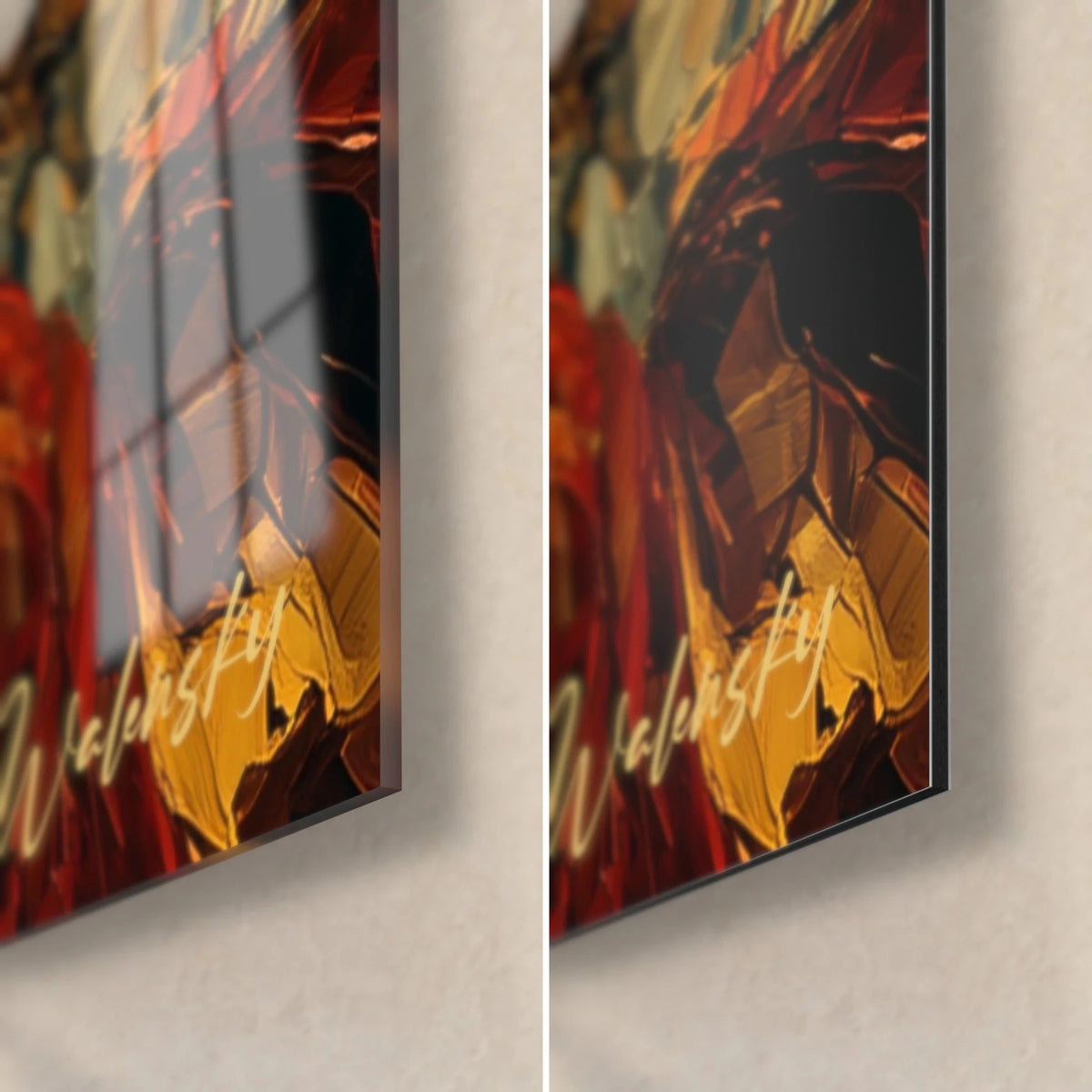 Wall art lady in red and gold, thick brushstrokes, glossy glass corner at bottom right on the left and matte Dibond, 3 mm edge