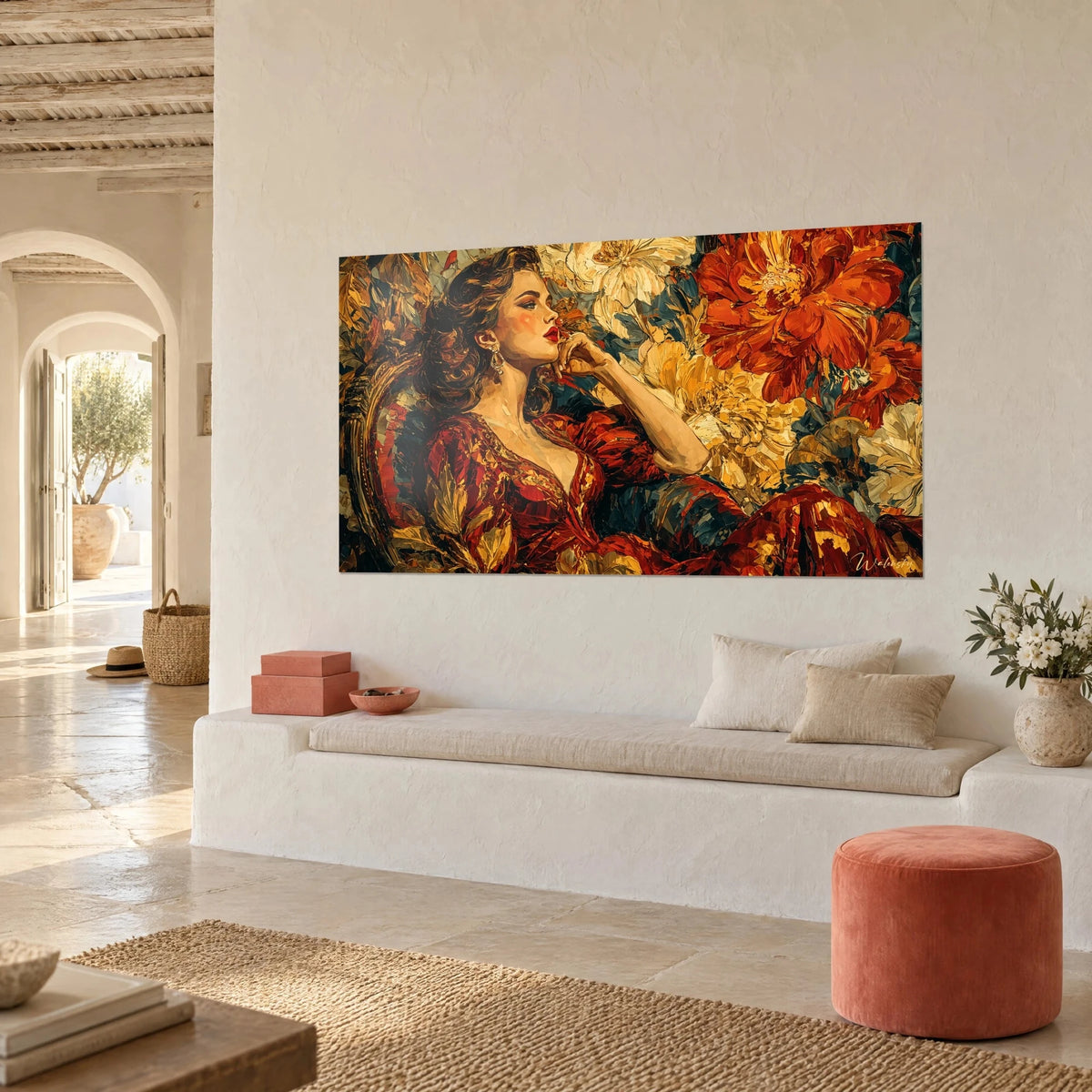 Wall art dreamy beauty in a gold-flecked crimson dress, hand under chin, orange and cream peonies, three-quarter view on a white wall