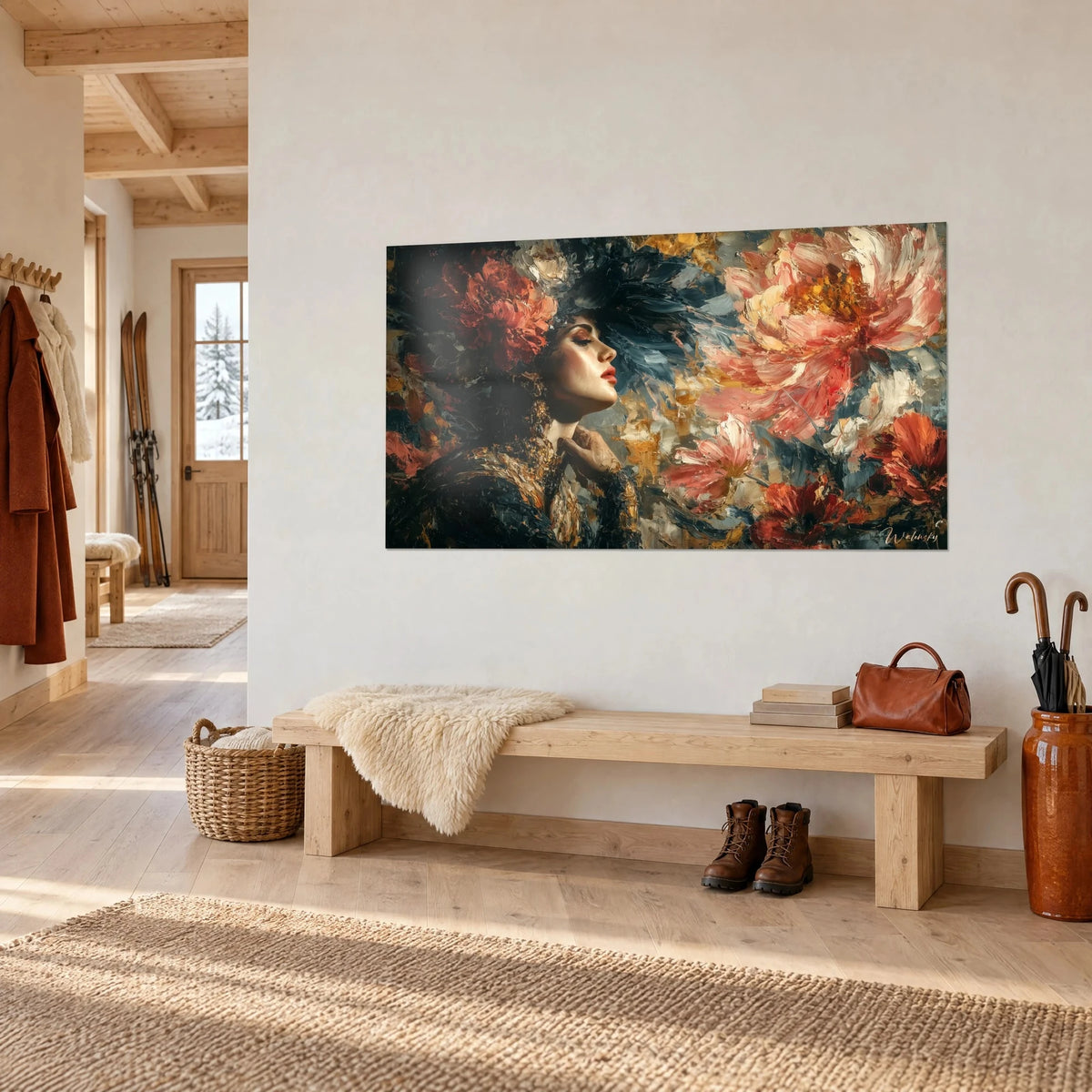 Quadro musa gotica con cappello di piume scure, grandi peonie rosa salmone e riflessi dorati, su una parete chiara da chalet