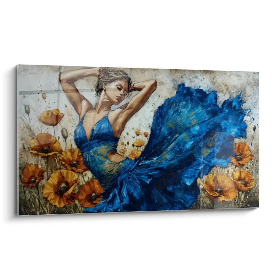 Tableau Femme Gracieuse en Bleu Azur Parmi les Coquelicots Orangés - Élégance Florale - Edition Coquelicot