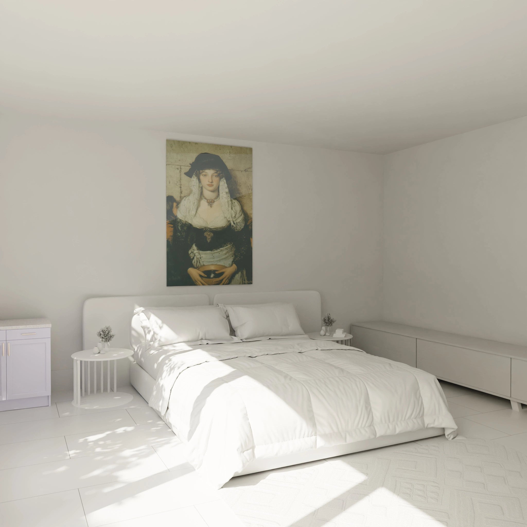 tableau réalisme femme Walensky tableau mural portrait style sculpture classique au-dessus d'un lit blanc minimaliste