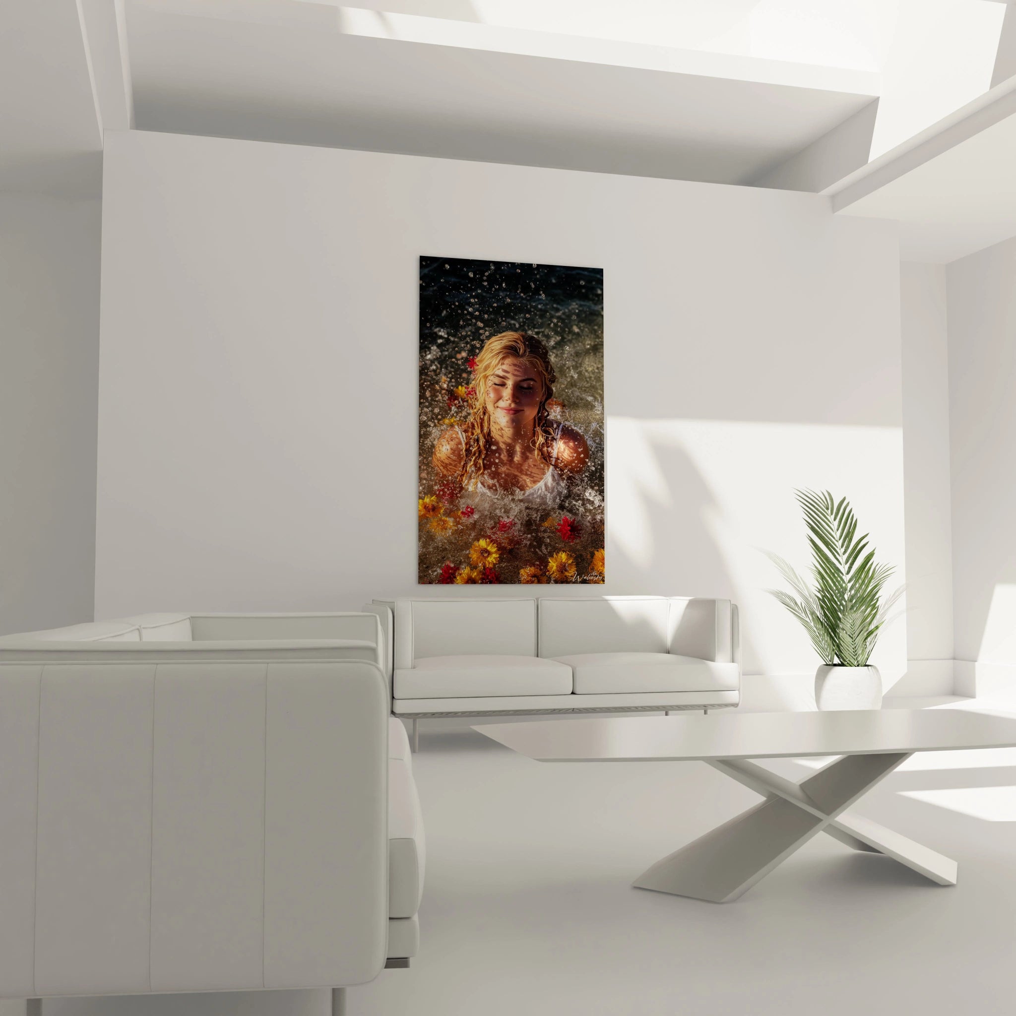 Walensky tableau femme moderne mural vertical représentant une femme dans l eau et des fleurs dans un salon minimaliste blanc