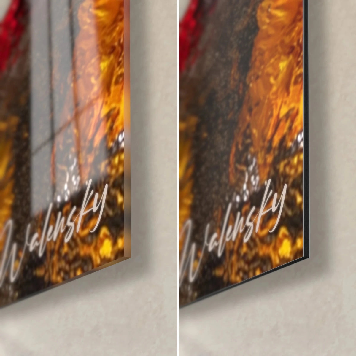 Gemälde einer blonden Badenden, untere rechte Ecke: glänzendes Acrylglas mit Reflexen und matt gebürstetes Alu-Dibond, 3 mm Kante, orange und rote Blüten
