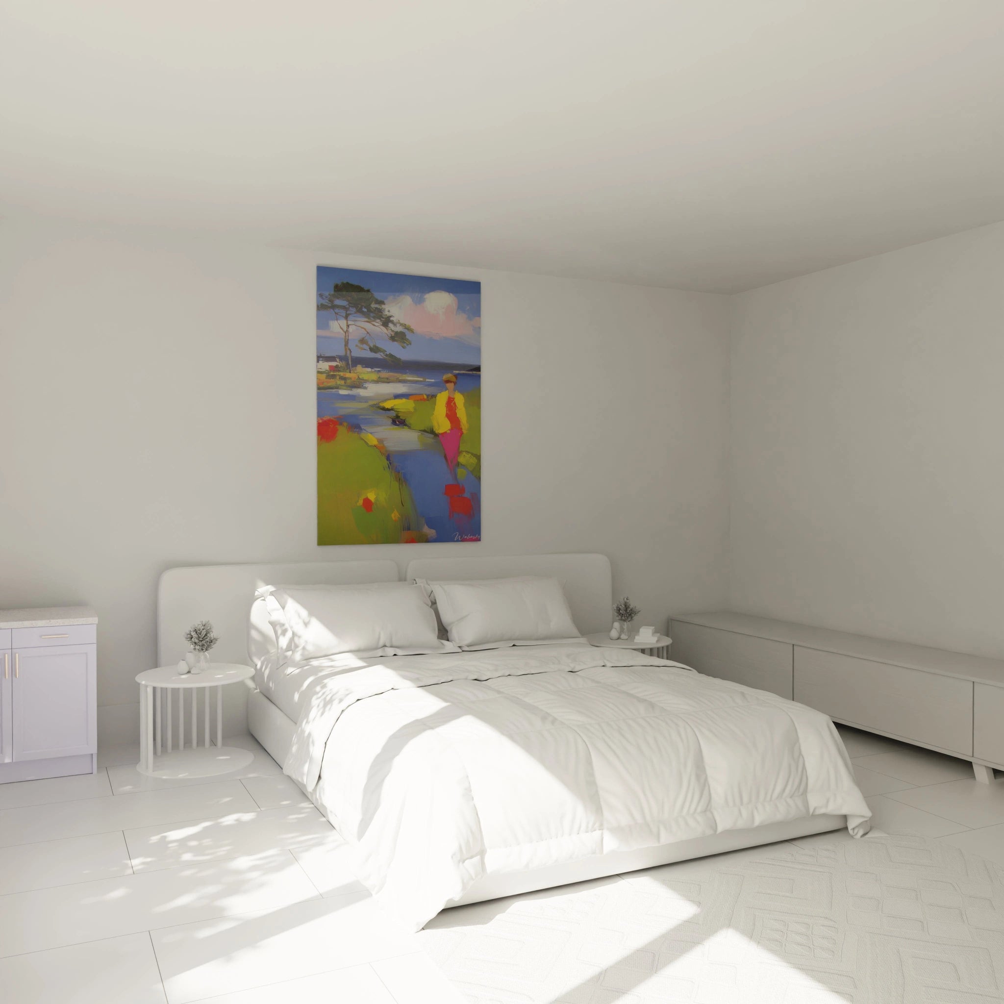 tableau impressionniste femme Walensky accroché au dessus d'un lit blanc dans une chambre minimaliste lumineuse