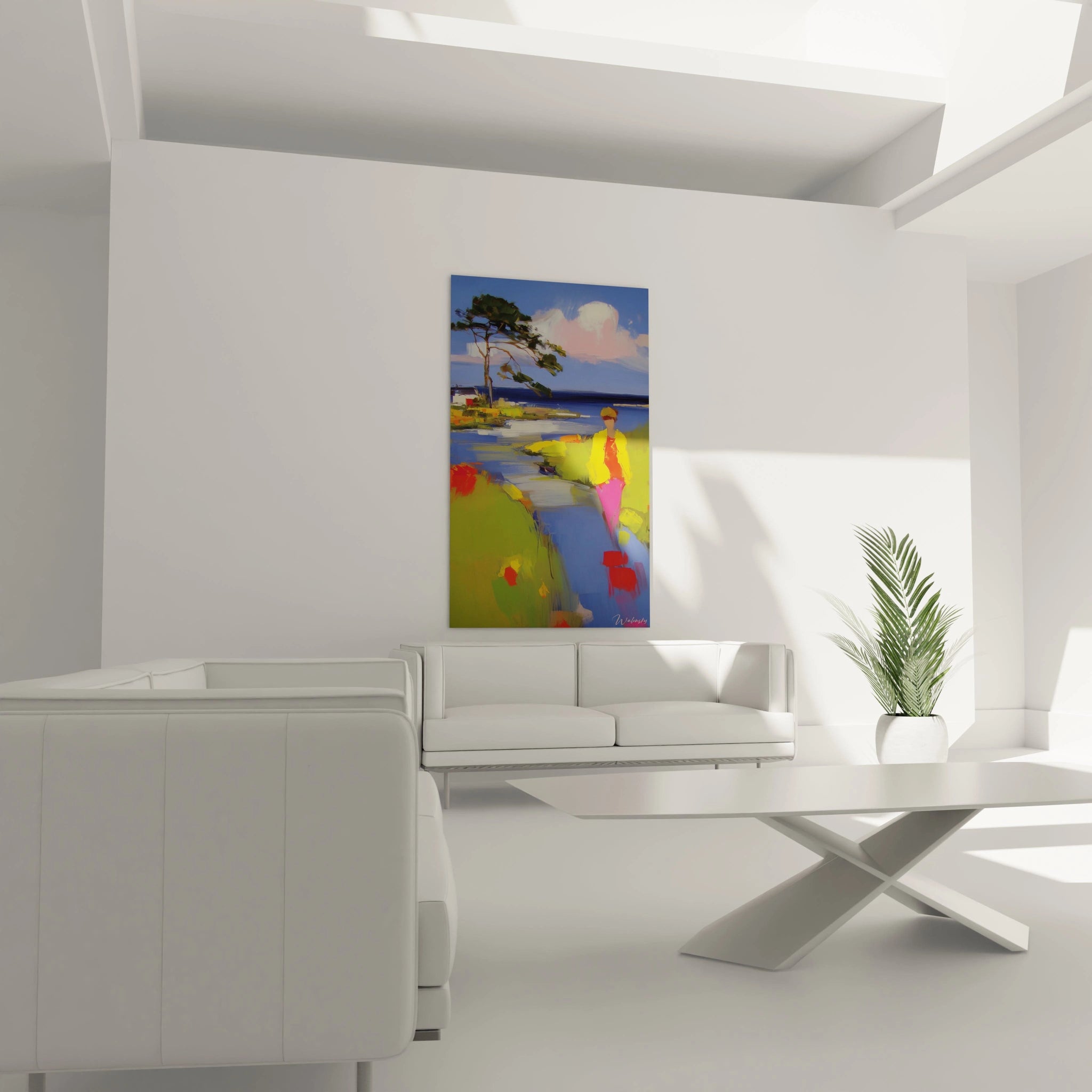 Walensky tableau impressionniste femme encadré accroché dans un salon blanc moderne couleurs vives