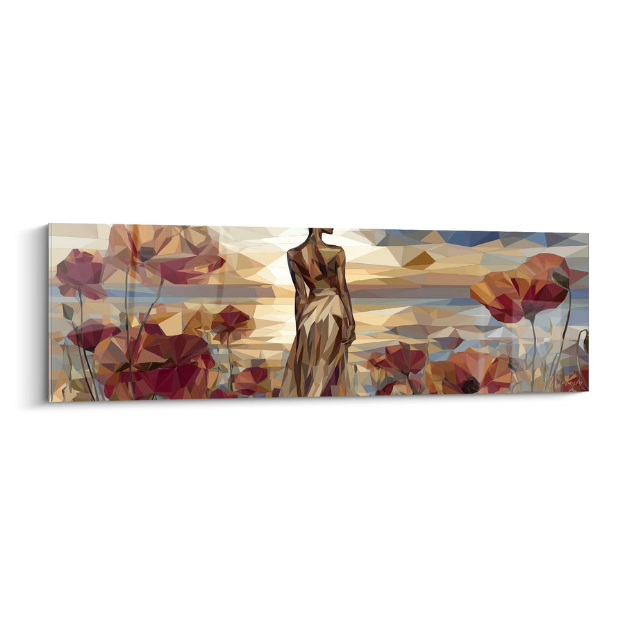 Tableau Femme en Robe Beige dans un Champ de Fleurs Rouges Géométriques - Élégance Florale - Edition Coquelicot