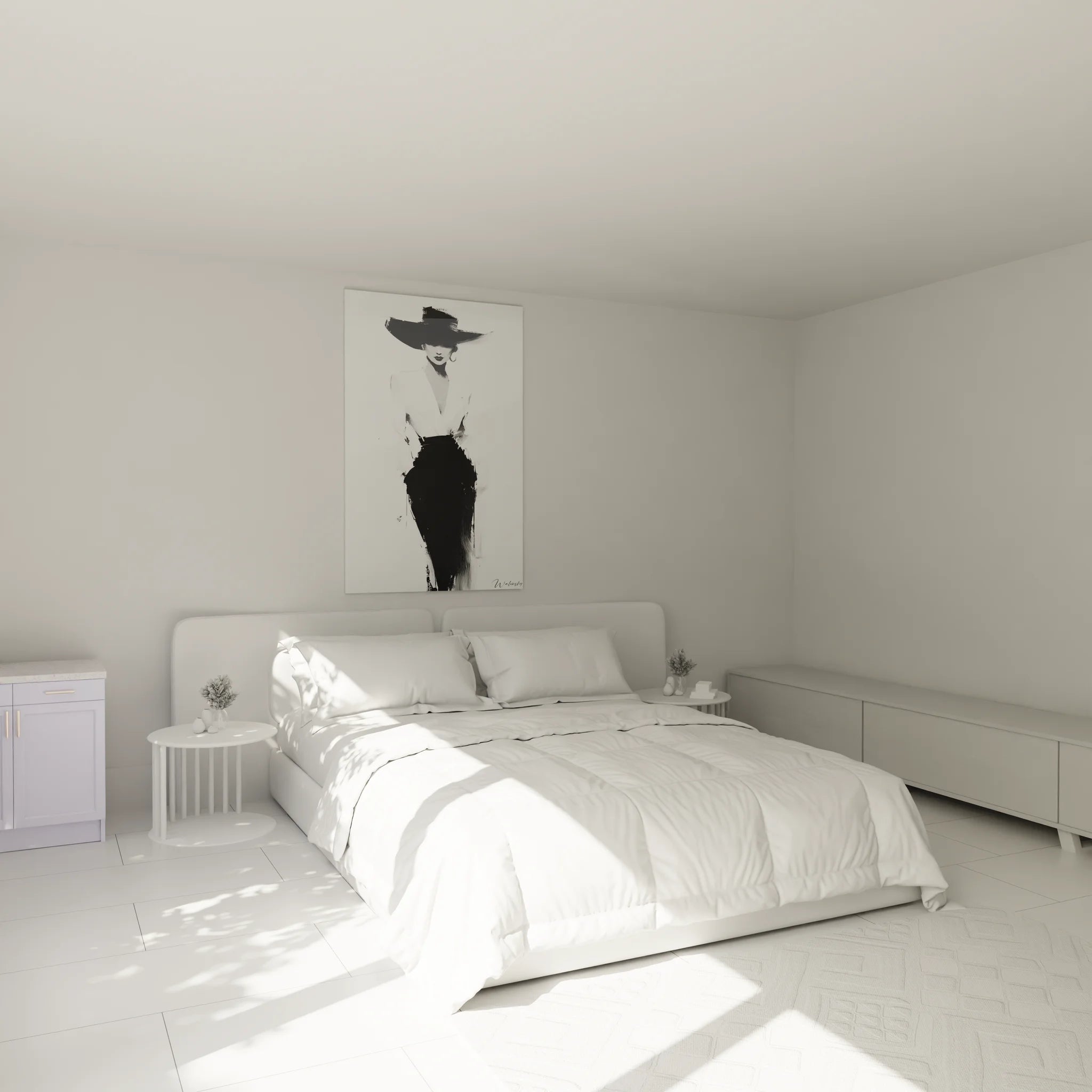 Ambiance chambre avec tableau femme au chapeau noir et blanc, décoration murale élégante et moderne