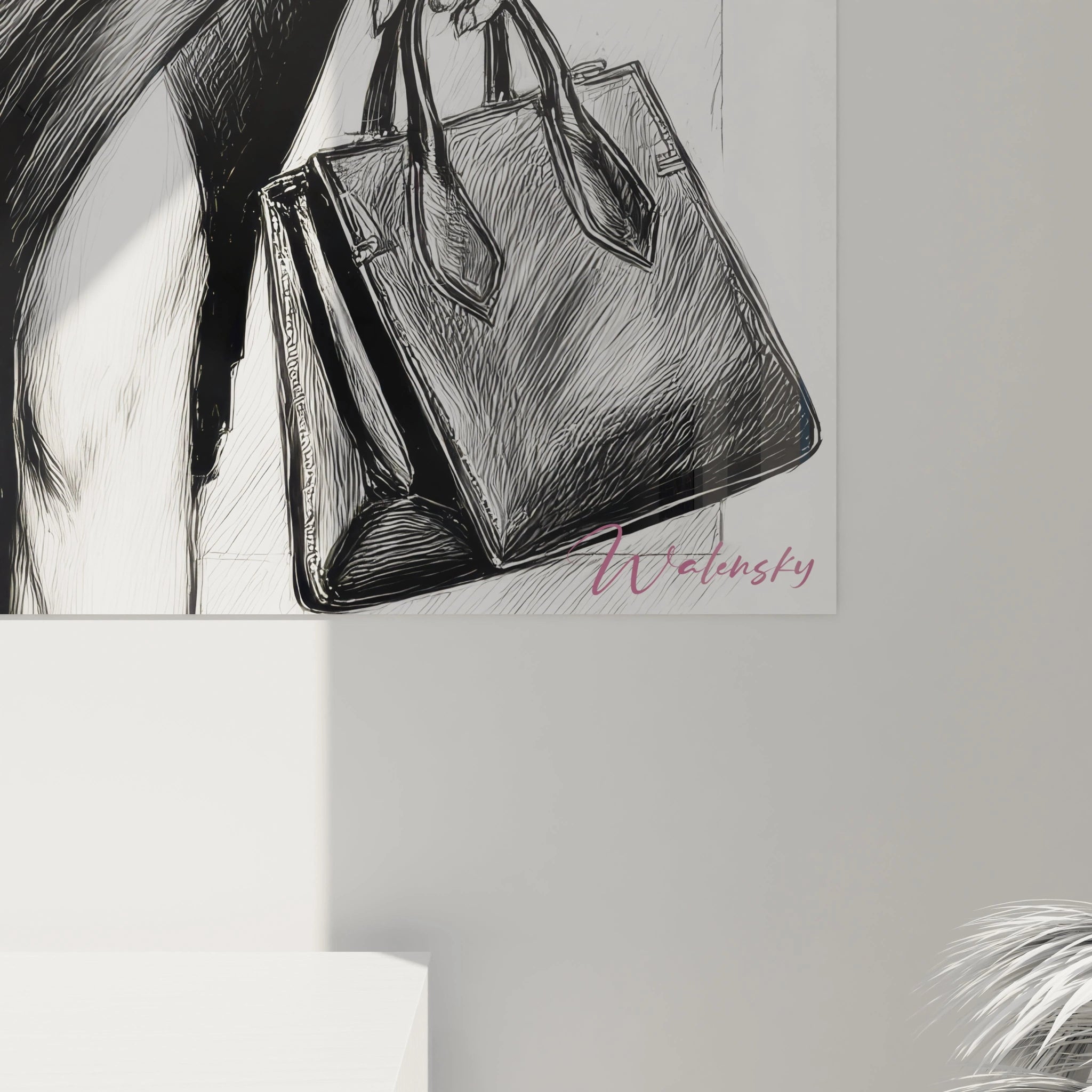 Tableau femme élégante chapeau avec un sac à main noir en toile moderne