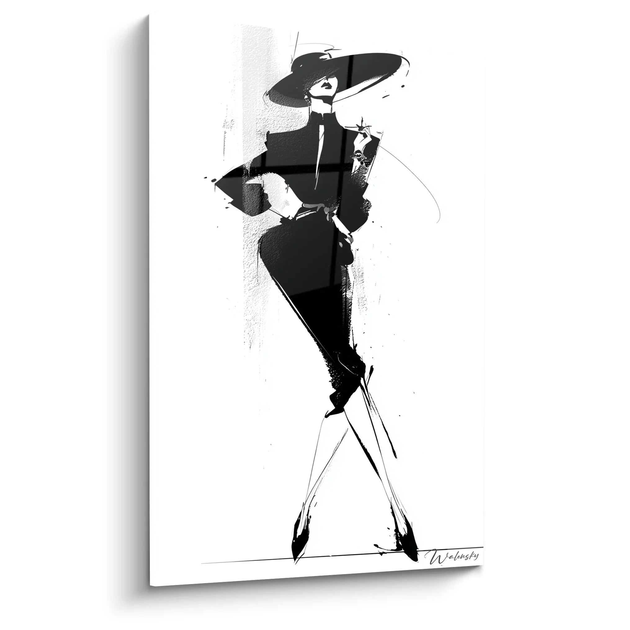 Tableau moderne femme élégante avec chapeau noir et blanc, art sophistiqué pour décoration murale