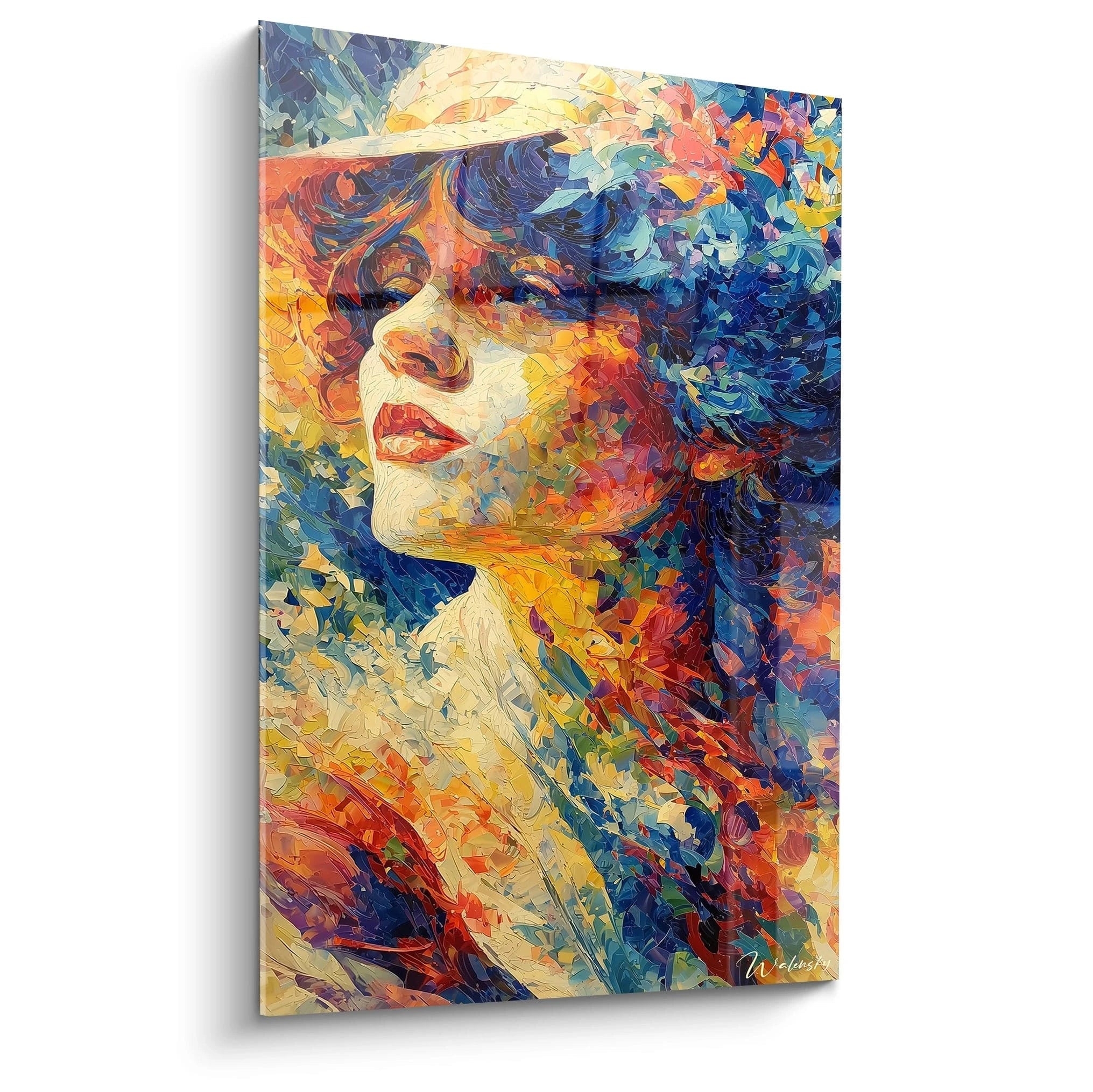 Tableau mural Walensky portrait vibrant d'une femme au chapeau en pointillisme tableau femme chapeau pointillisme