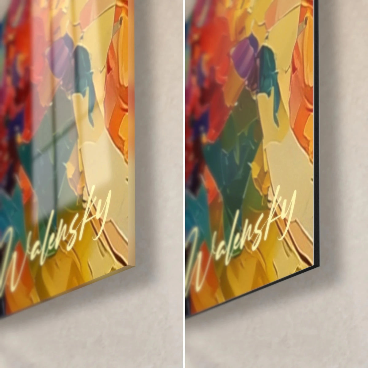 Tableau femme au chapeau, coin bas droit : verre acrylique brillant à gauche, alu Dibond mat à droite, signature Walensky dorée