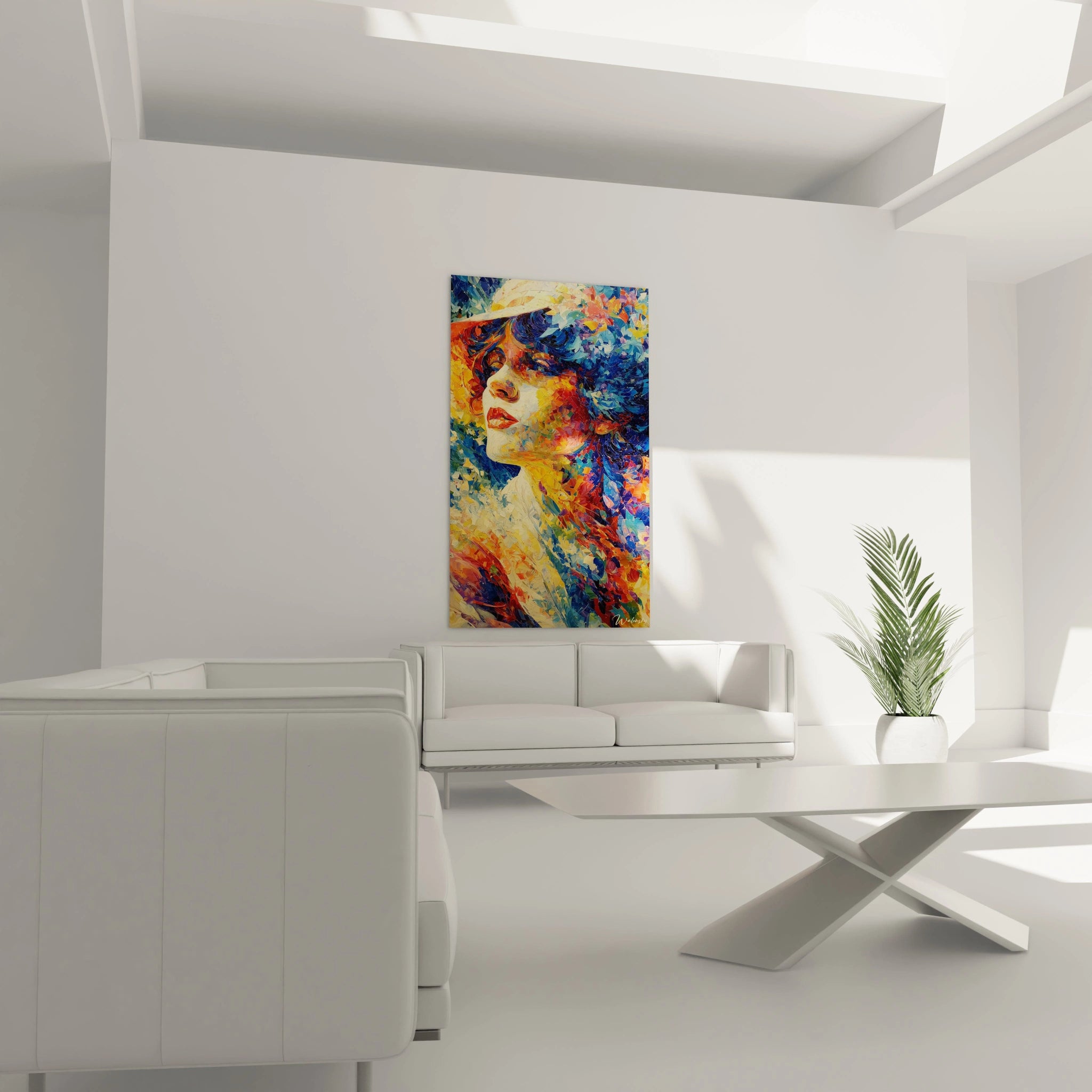 Tableau mural Walensky accroché au salon montrant une foule et drapeaux tricolores tableau femme chapeau pointillisme