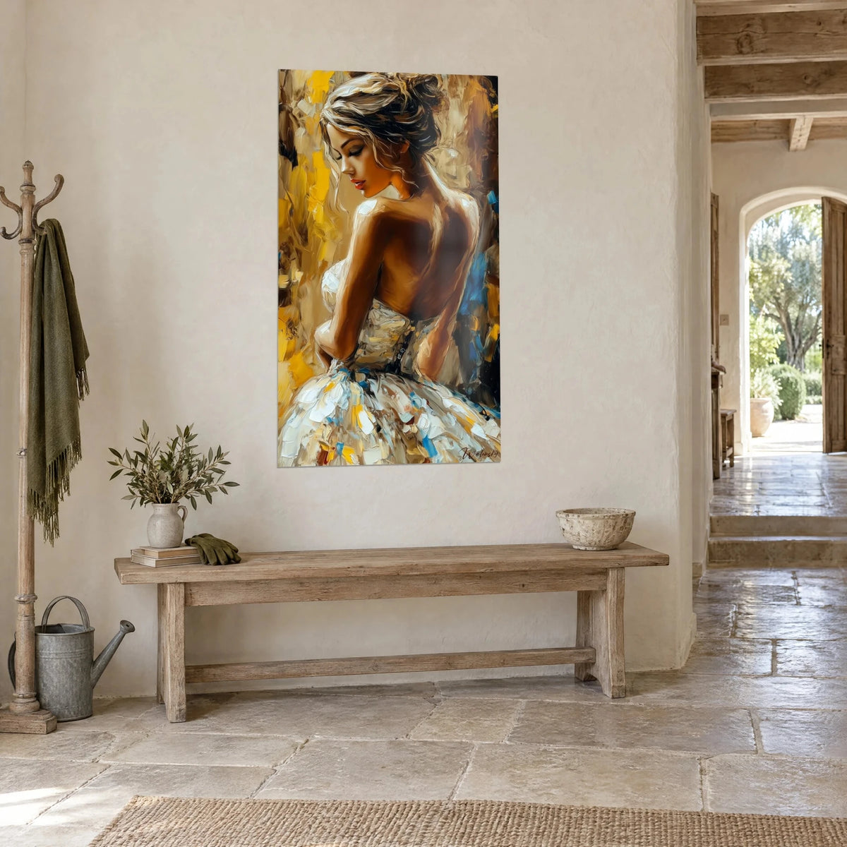 Tableau portrait peint au couteau d'une danseuse épaules nues, chignon et lèvres rouges, ocre et turquoise, maison en pierre
