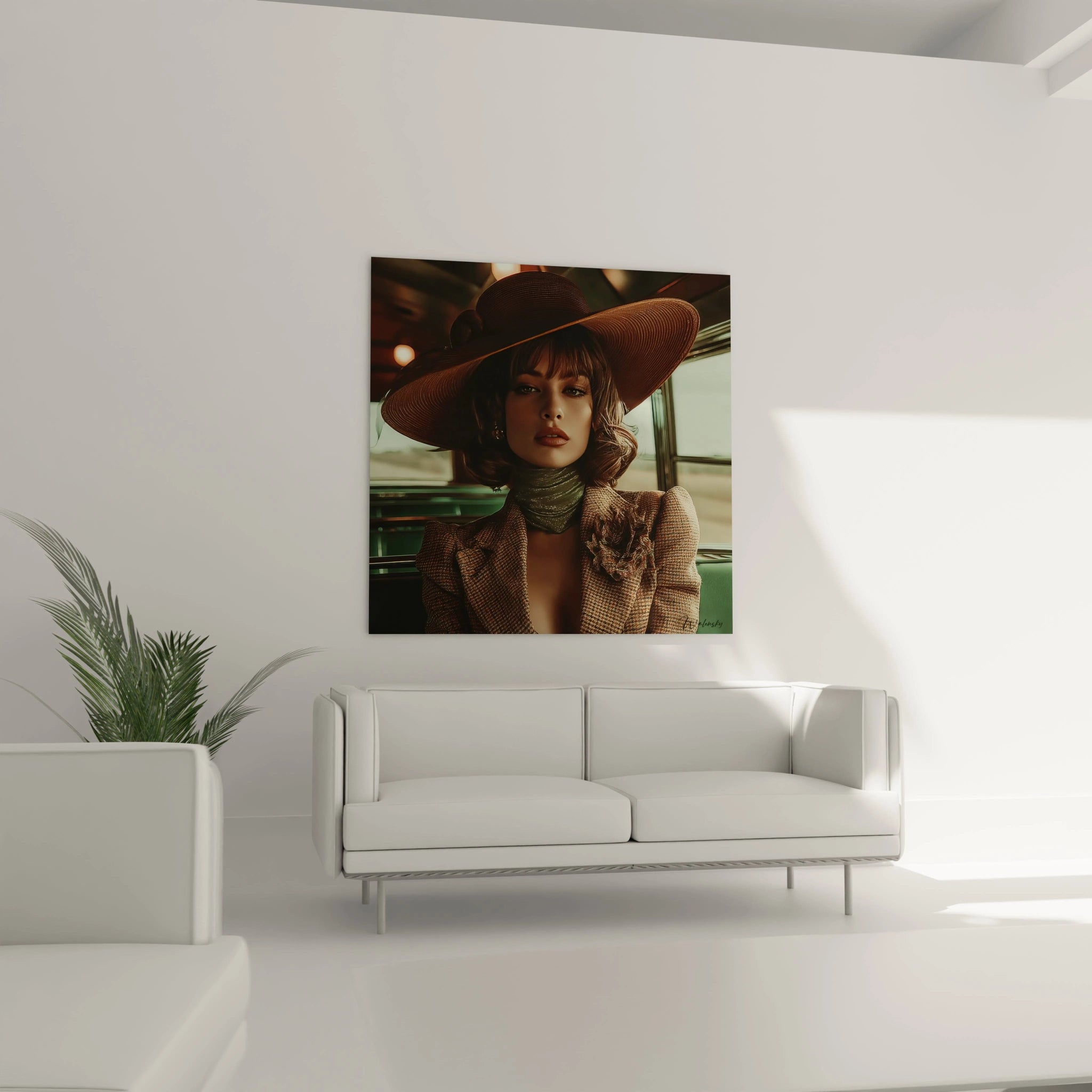 Tableau femme vintage de Walensky accroché au mur d'un salon moderne avec canapé blanc