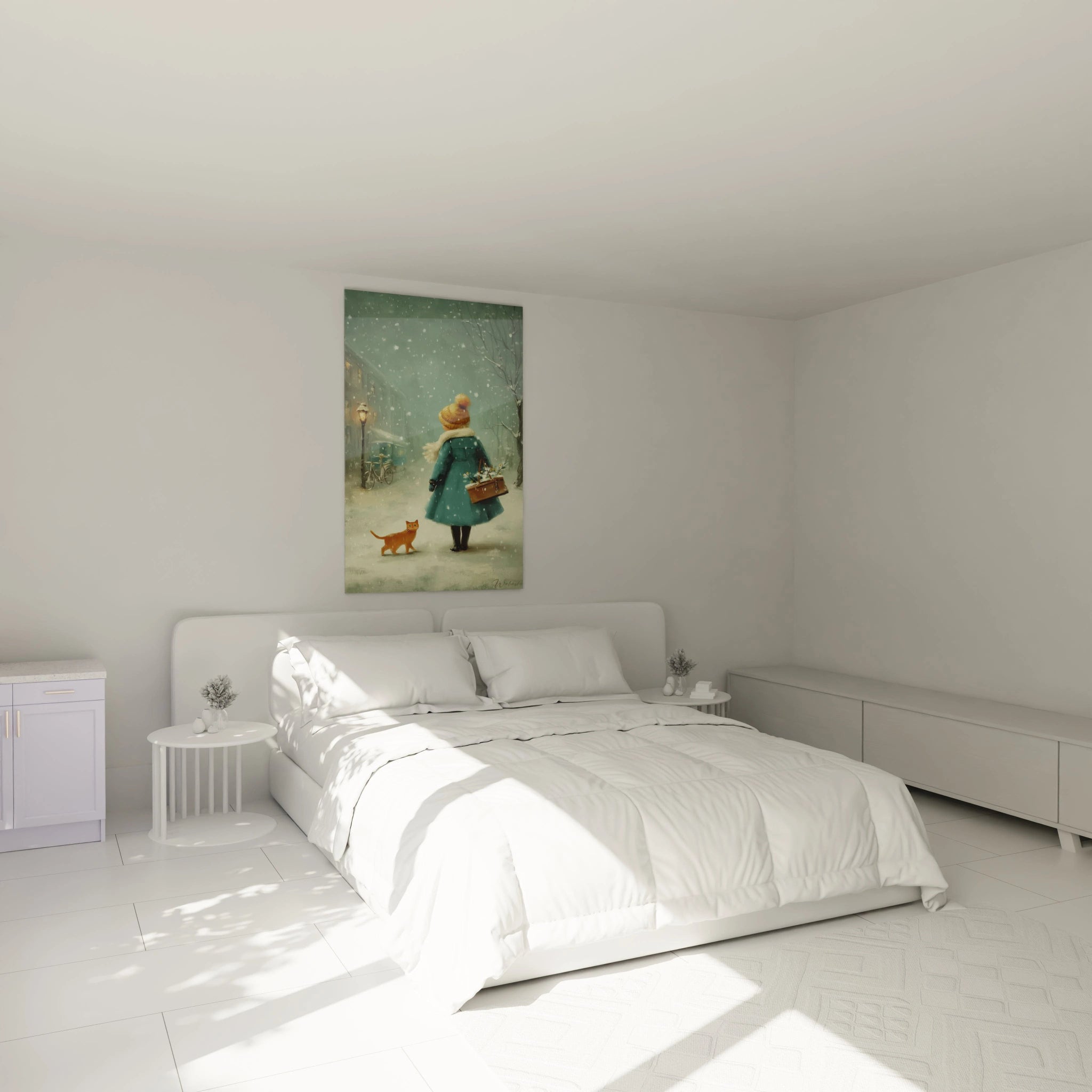 Walensky tableau mural tableau femme chat hiver affiché au dessus de lit blanc dans chambre minimaliste