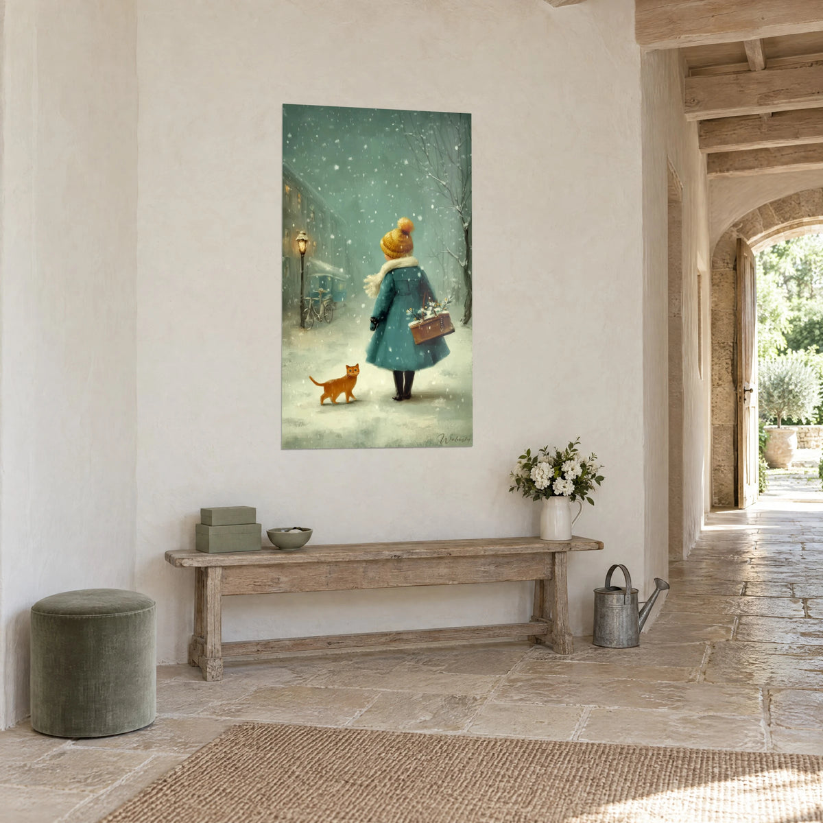 Tableau promenade enneigée d'une enfant en manteau bleu canard, cabas brun fleuri, lampadaire doré, vue de trois-quarts dans une maison en pierre