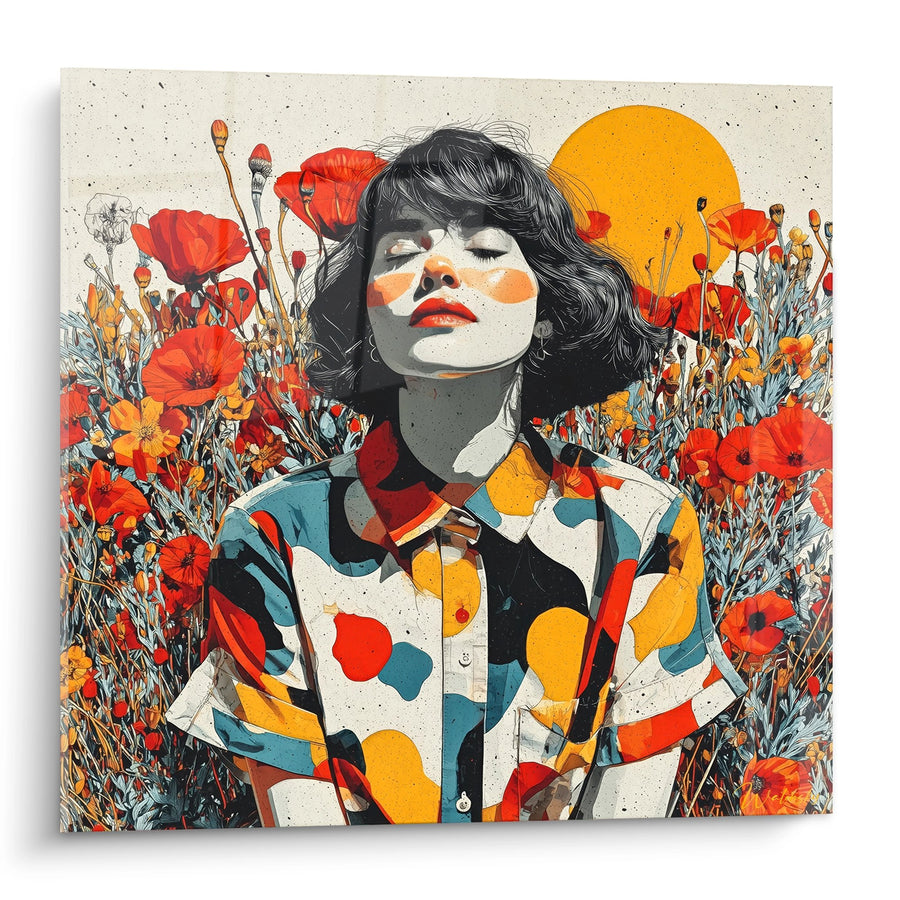 Tableau Femme aux Cheveux Noirs dans un Champ de Fleurs Rouges et Oranges - Rêverie Florale - Edition Coquelicot