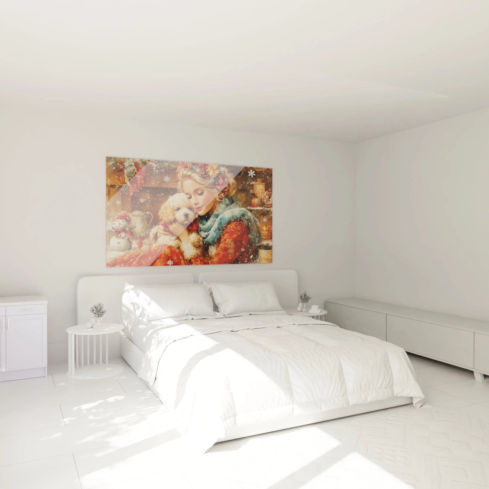 Tableau art mural femme chien Noël décoratif pour chambre lumineuse et chaleureuse