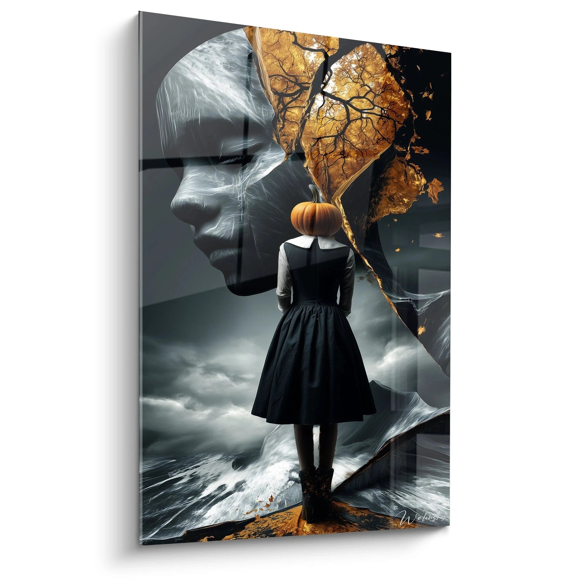 tableau halloween femme citrouille Walensky peinture murale surréaliste femme en robe noire tête citrouille et profil fantomatique