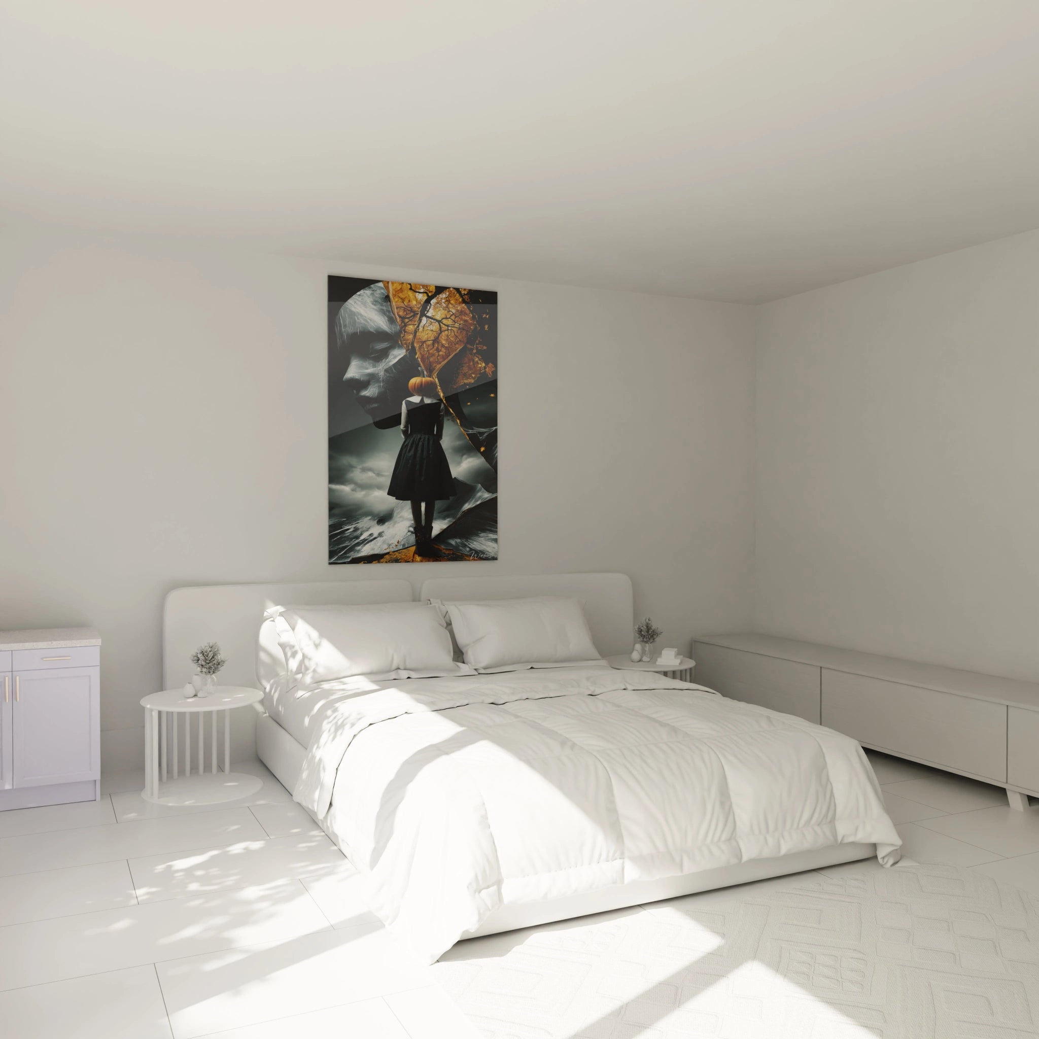 Tableau mural tableau halloween femme citrouille femme en robe noire face a grande citrouille orange decoration chambre moderne