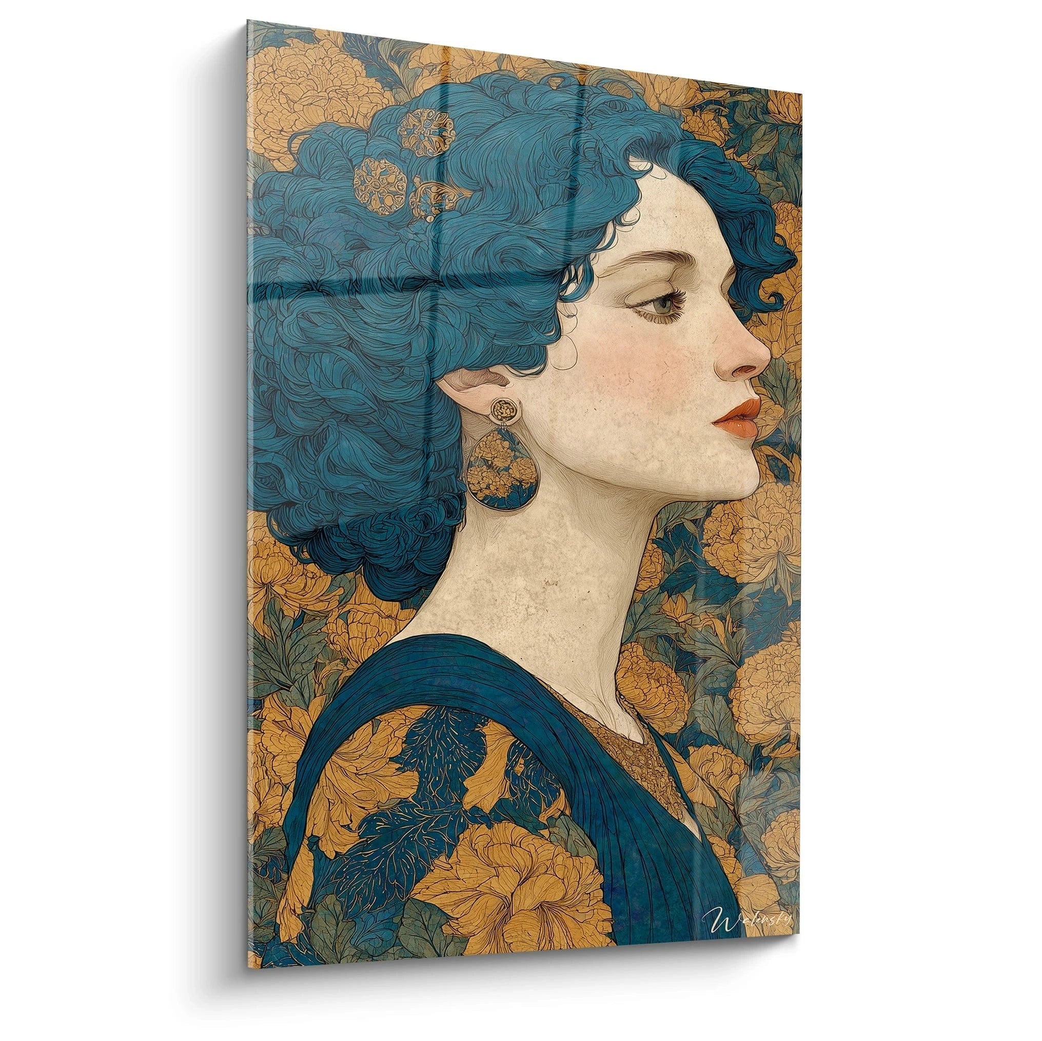 tableau femme art nouveau Walensky portrait latéral de femme aux cheveux bleus et motifs floraux dorés