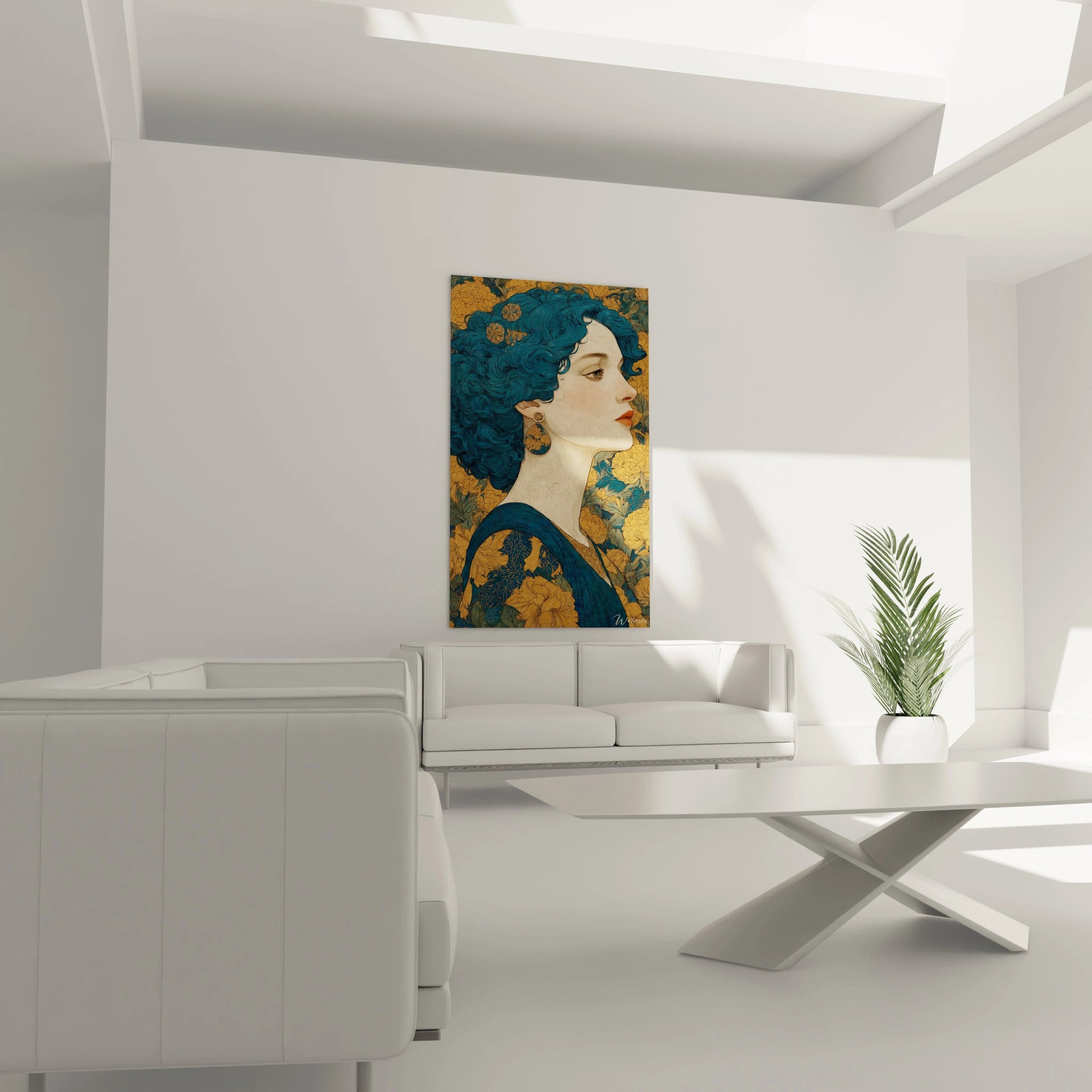 Salon minimaliste avec canapé blanc et tableau femme art nouveau Walensky portrait bleu et fond doré