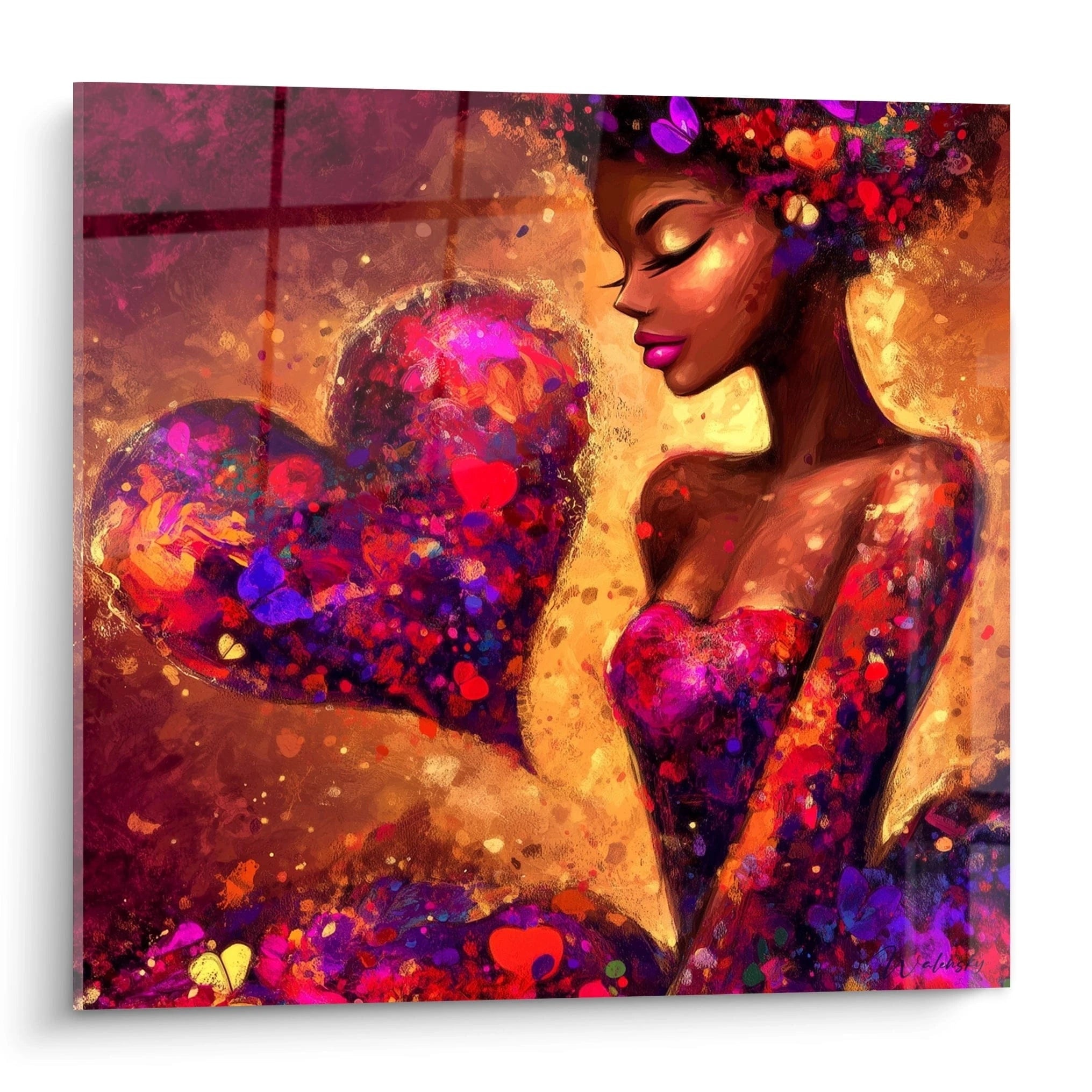 Tableau mural Walensky peinture colorée d une femme afro romantique devant un grand coeur abstrait tableau saint valentin femme