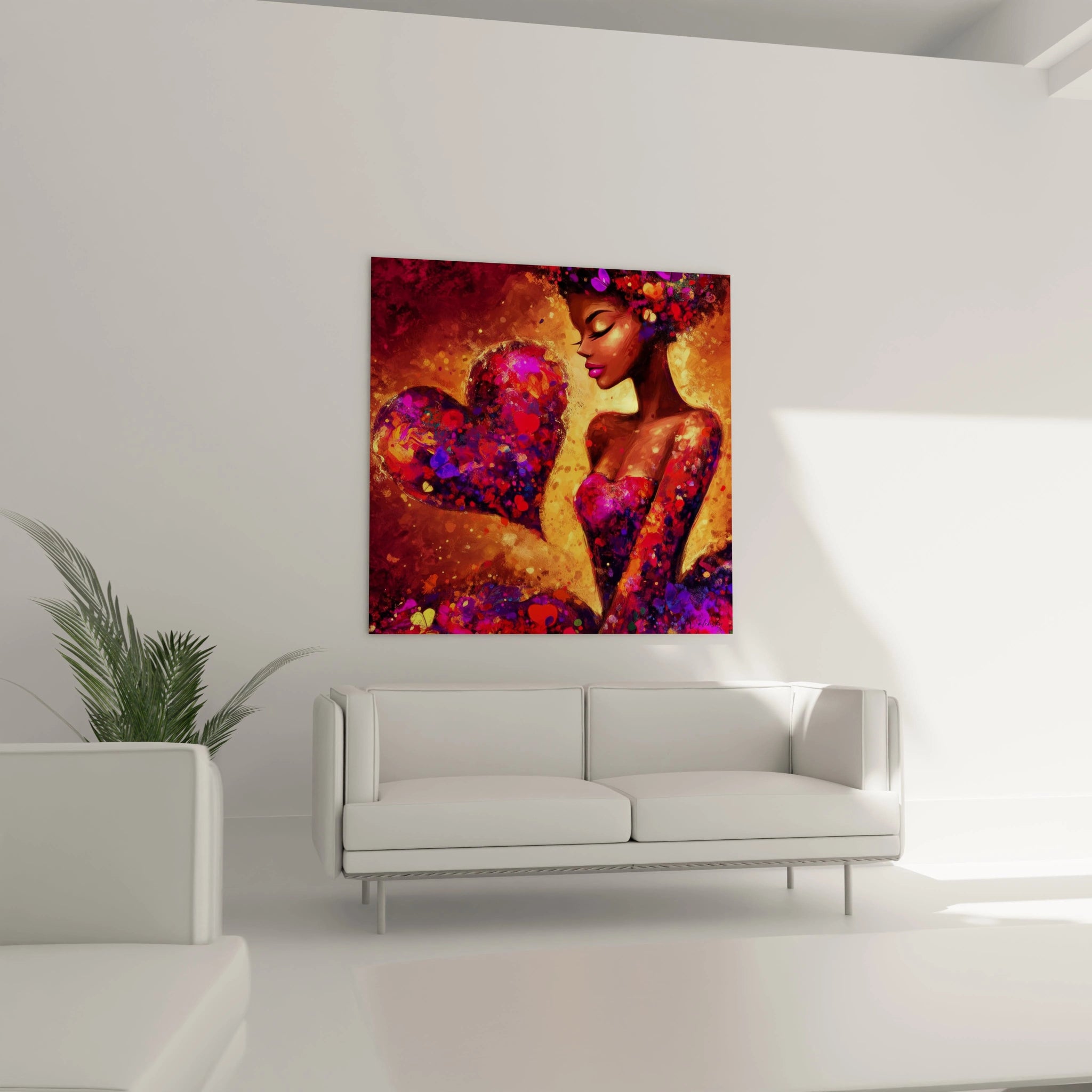 Tableau mural Walensky tableau saint valentin femme coloré montrant une femme stylisée et un grand coeur rouge violet au salon