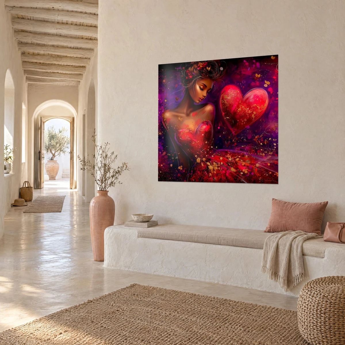 Cuadro retrato romántico de una morena con vestido escarlata en forma de corazón, destellos dorados sobre fondo púrpura, pared crema de un pasillo abovedado