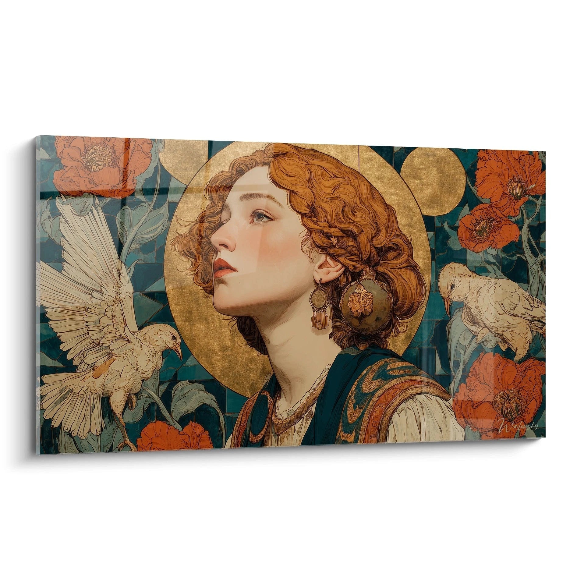 Walensky tableau femme art nouveau mural imprime sur toile portrait de femme rousse avec oiseaux et fleurs