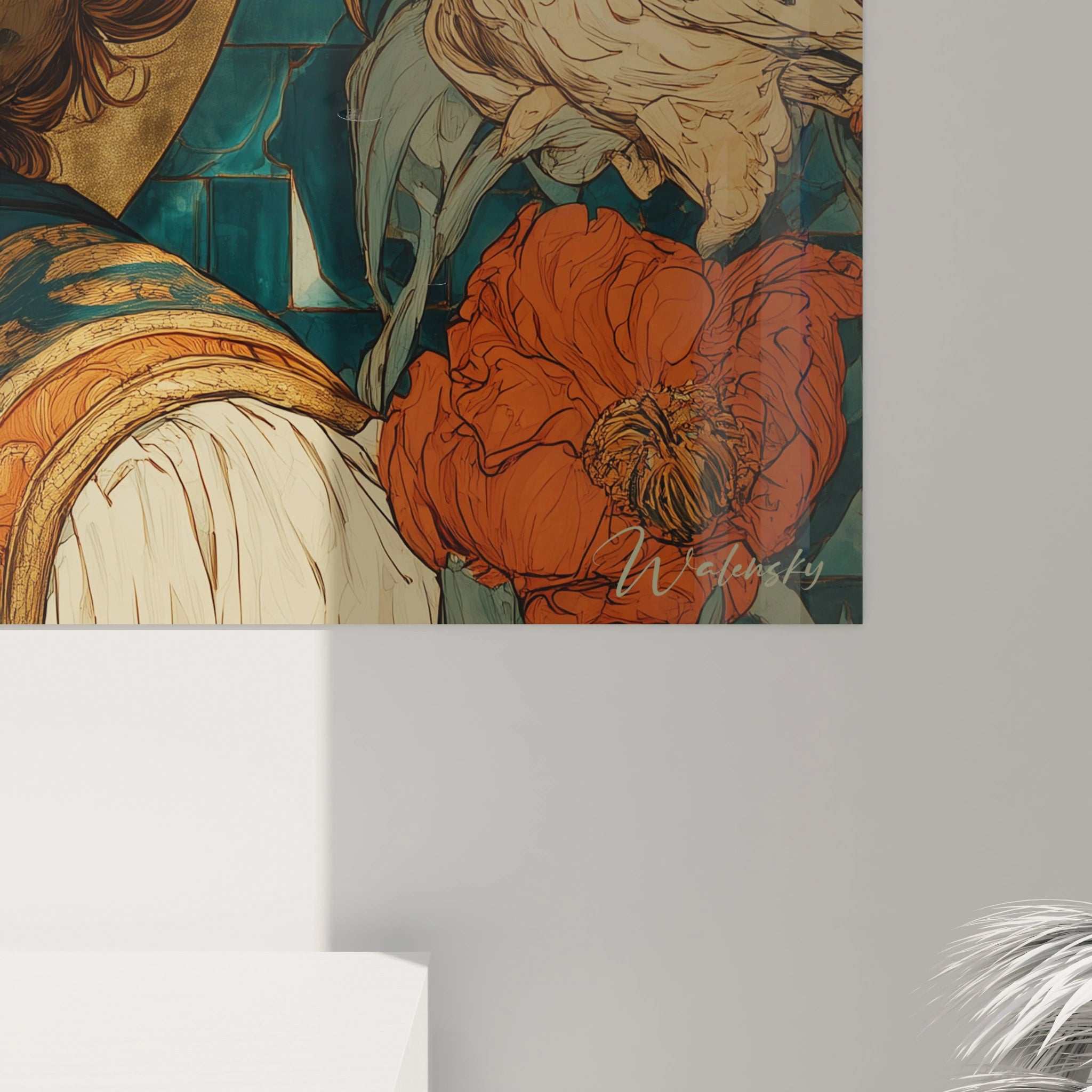 Tableau mural Walensky tableau femme art nouveau représentant une femme stylisée avec grand coquelicot rouge sur fond vert