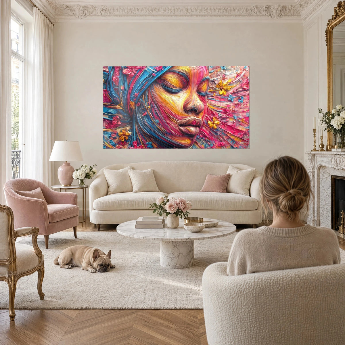 Tableau visage de femme aux paupières closes, rose fuchsia et jaune doré, mèches bleues, au-dessus d'un canapé dans un salon lumineux