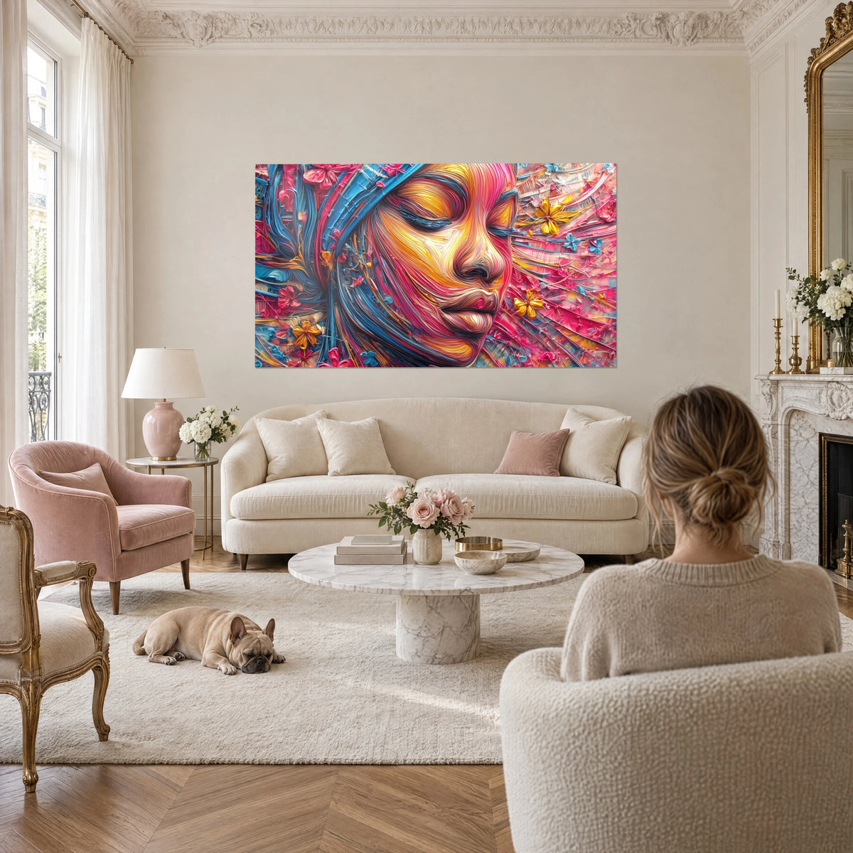 Cuadro rostro de mujer con párpados cerrados, rosa fucsia y amarillo dorado, mechones azules, encima de un sofá en un salón luminoso