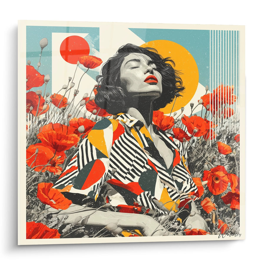 Tableau femme aux cheveux noirs dans un champ de fleurs rouges avec formes géométriques - Évasion Florale - Edition Coquelicot