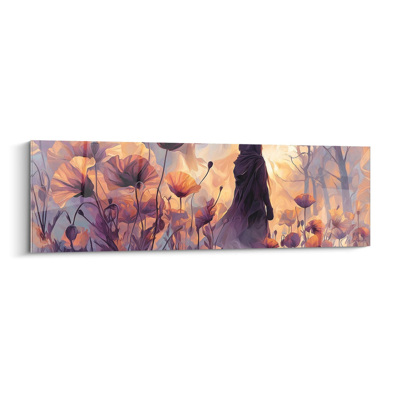 Tableau Femme en Robe Pourpre parmi les Coquelicots Orangés et Violets - Mystère Floral - Edition Coquelicot