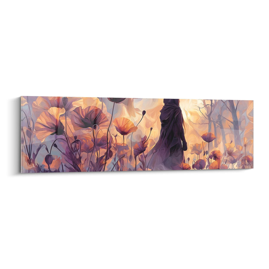 Tableau Femme en Robe Pourpre parmi les Coquelicots Orangés et Violets - Mystère Floral - Edition Coquelicot