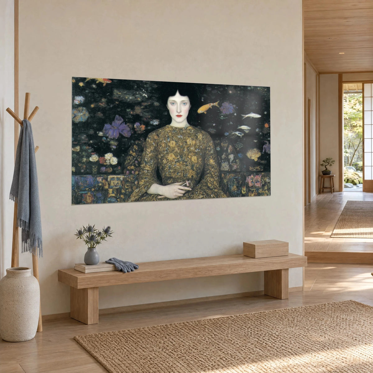 Gemälde junge blasse Frau mit blauen Augen, umgeben von orangefarbenen Karpfen und violetten Iris auf schwarzem Grund, beige Wand, Holzbank