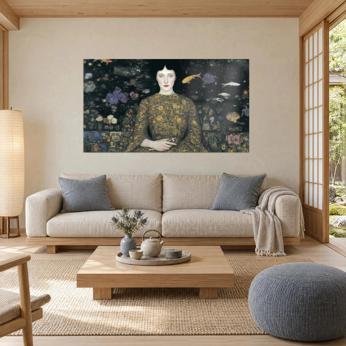 Gemälde symbolistisches Porträt einer Frau mit roten Lippen, goldenes Brokatkleid auf schwarzem Hintergrund, über einem Sofa in einem hellen Wohnzimmer