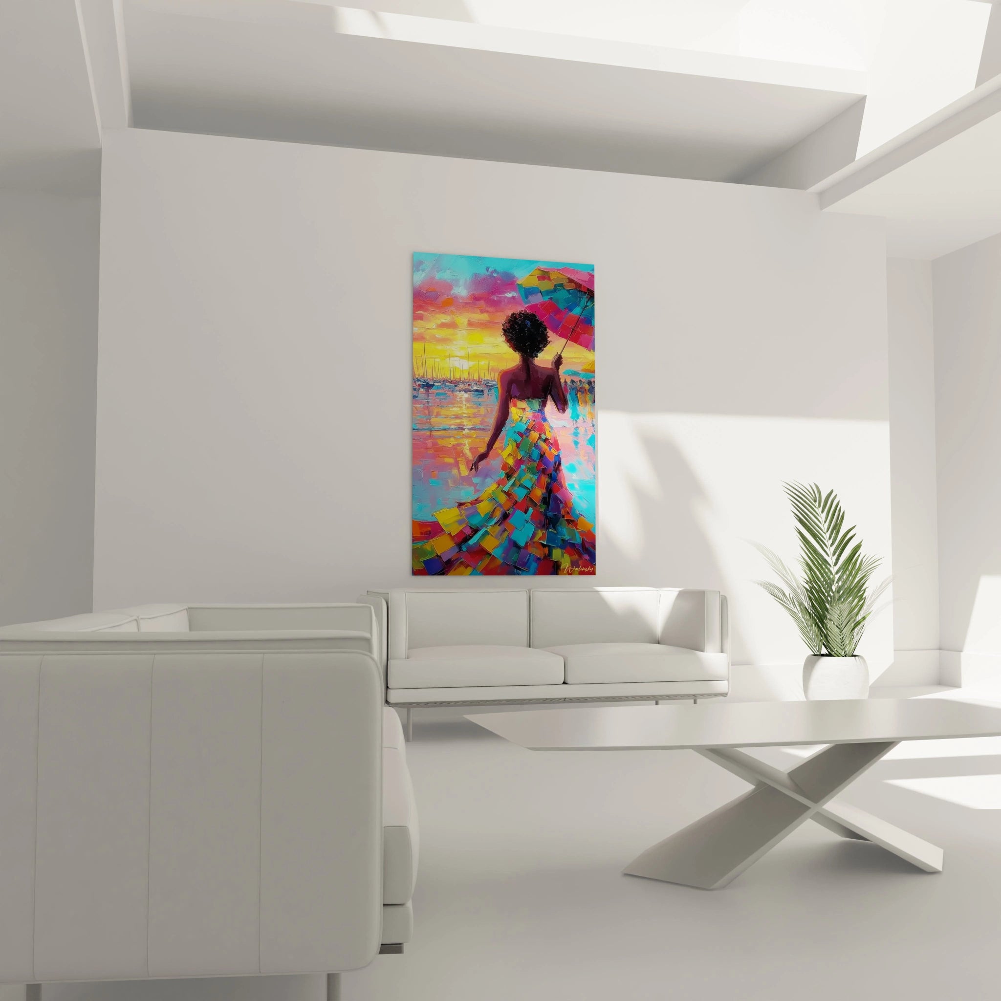 Tableau femme coucher de soleil par Walensky avec une magnifique silhouette et des couleurs vives