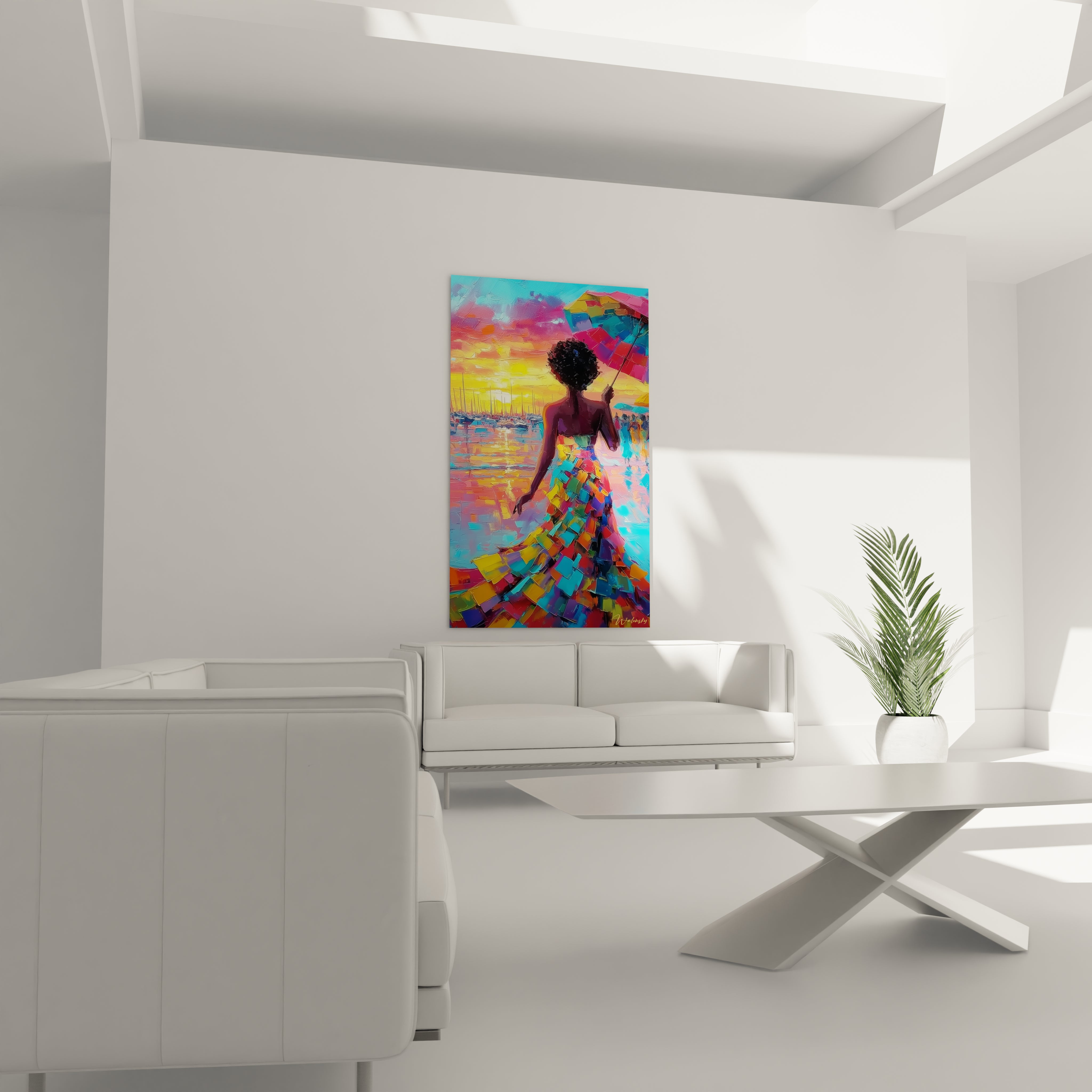 Tableau femme coucher de soleil par Walensky avec une magnifique silhouette et des couleurs vives