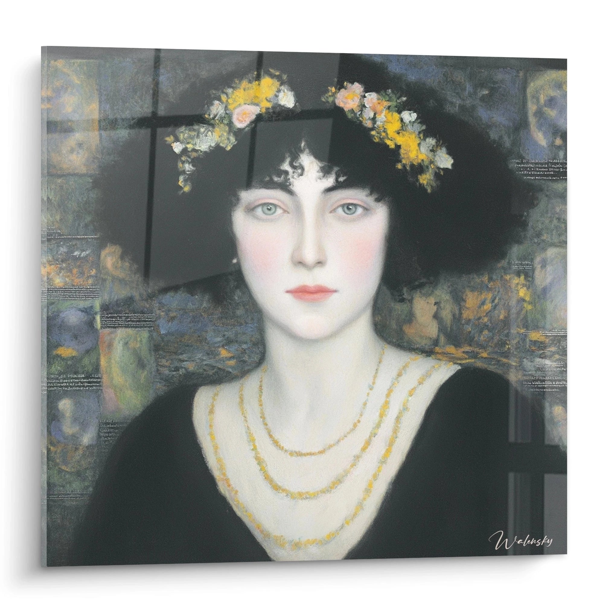 tableau femme symboliste Walensky portrait mural d'une femme pâle avec couronne de fleurs jaunes et colliers dorés