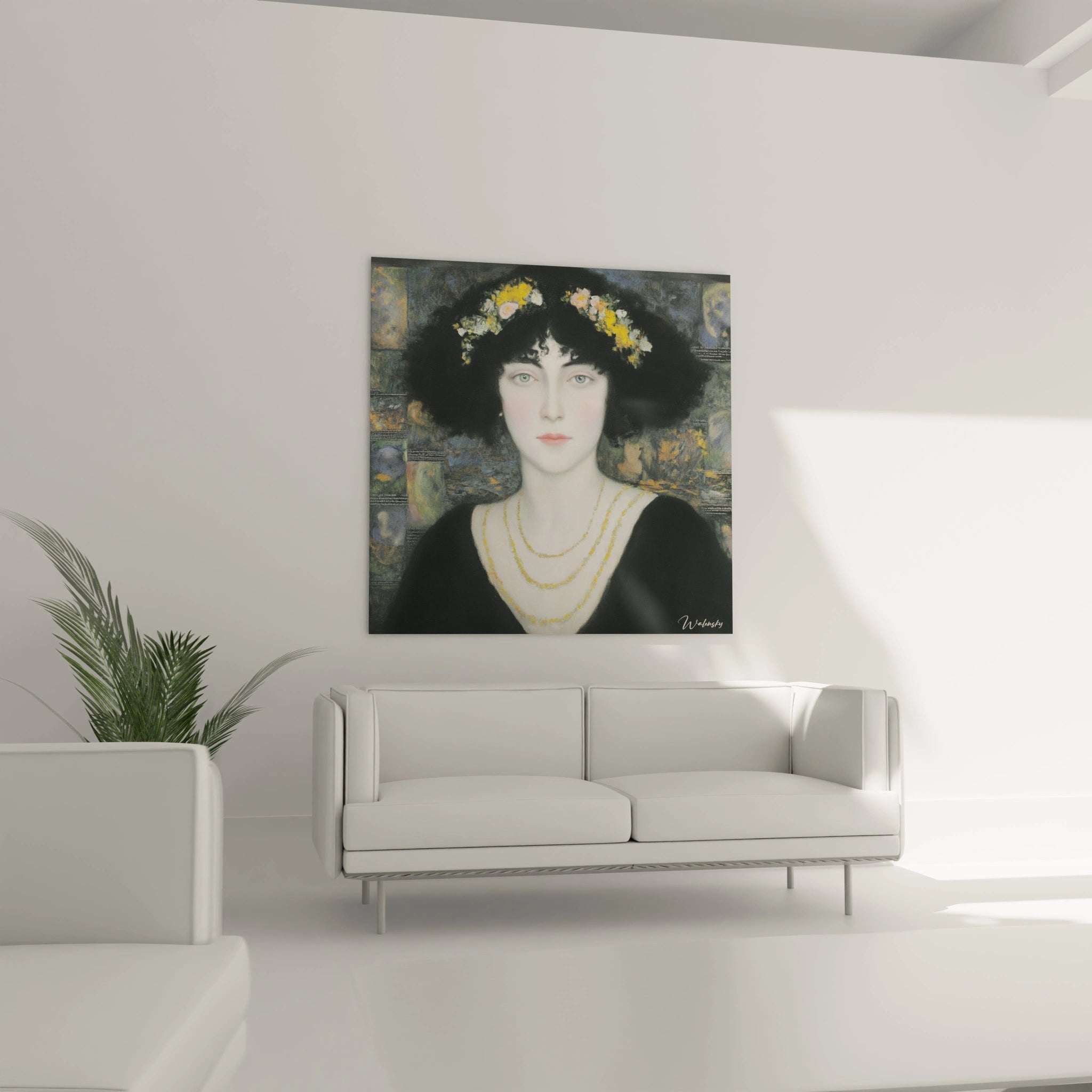 tableau femme symboliste Walensky portrait de femme aux fleurs et colliers toile murale carrée dans salon