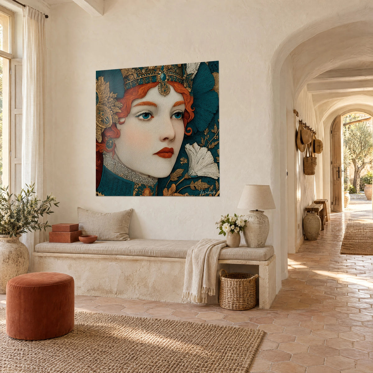 Πίνακας πορτρέτο Art Nouveau, χρυσή διάδημα και σμαραγδένιος πολύτιμος λίθος, κόκκινα χείλη, τρία τέταρτα σε καμαροφέ διάδρομο από ανοιχτόχρωμη πέτρα