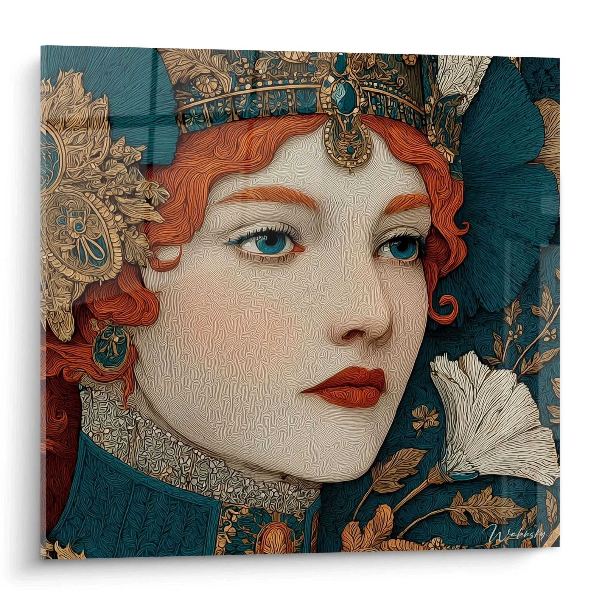 tableau femme art nouveau Walensky portrait d'une femme rousse couronnée aux motifs floraux dorés sur fond bleu