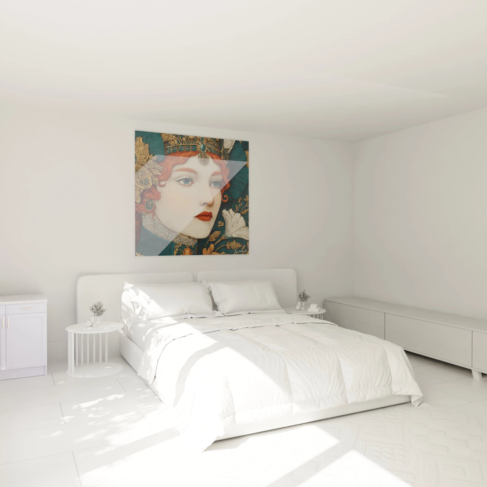 Tableau mural Walensky montrant une femme stylisée, tableau femme art nouveau, accroché au dessus du lit blanc minimaliste