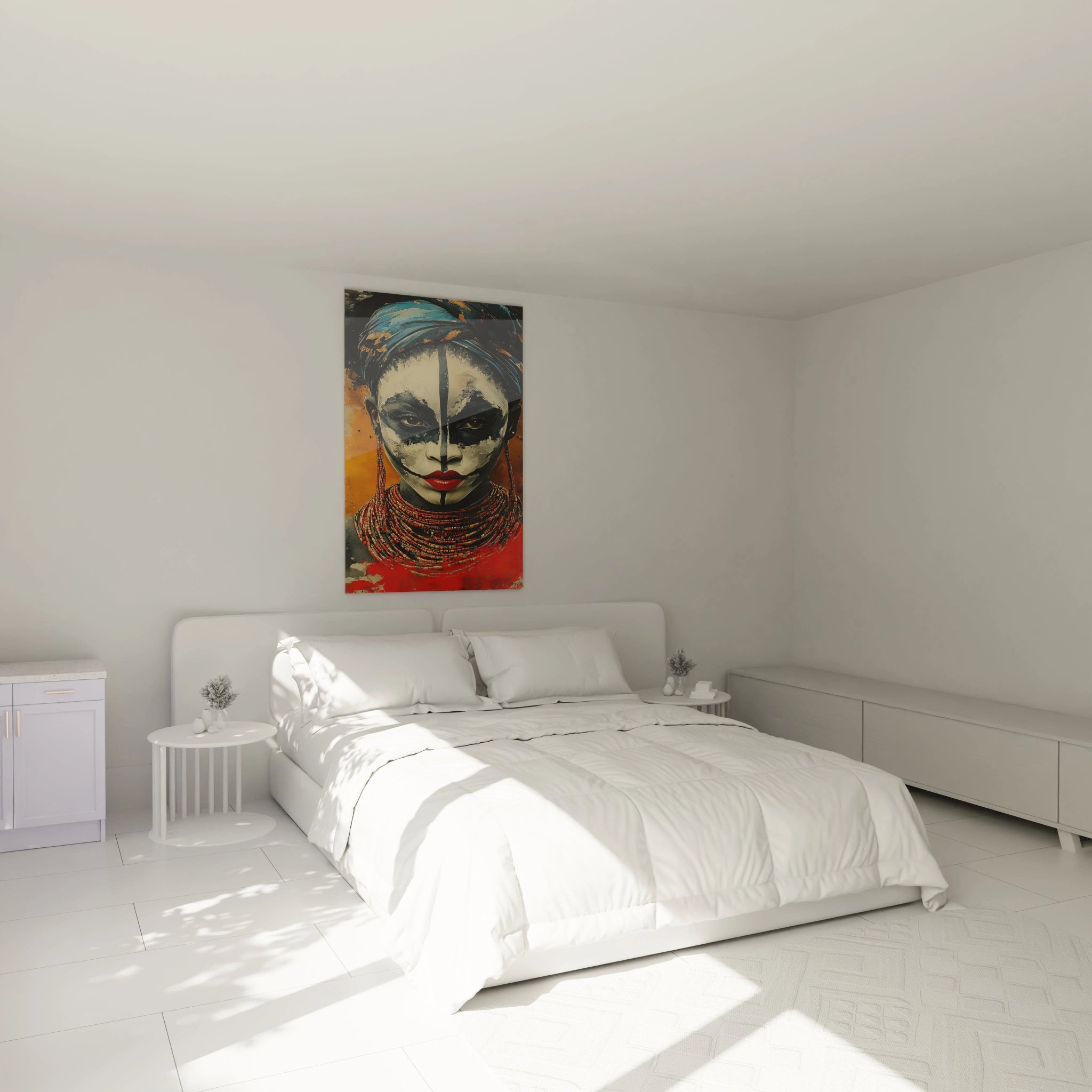 Tableau africain mural Walensky représentant un portrait coloré accroché au-dessus d'un lit moderne blanc