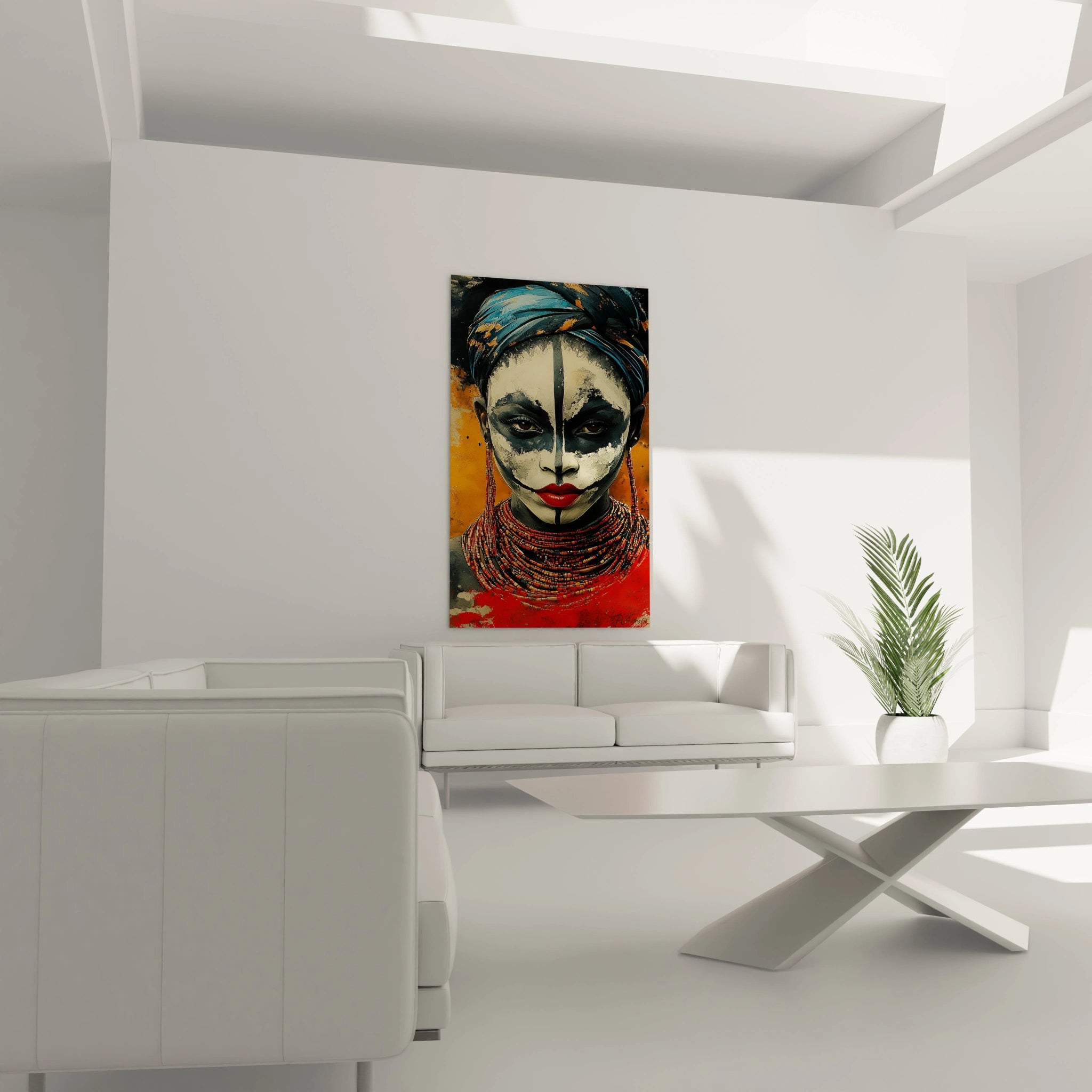Tableau africain mural Walensky représentant un rhinocéros dans un salon moderne lumineux
