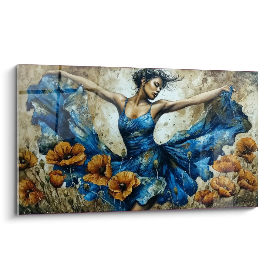 Tableau Femme Dansante en Robe Bleue avec Coquelicots Orangés - Émotion Florale - Edition Coquelicot